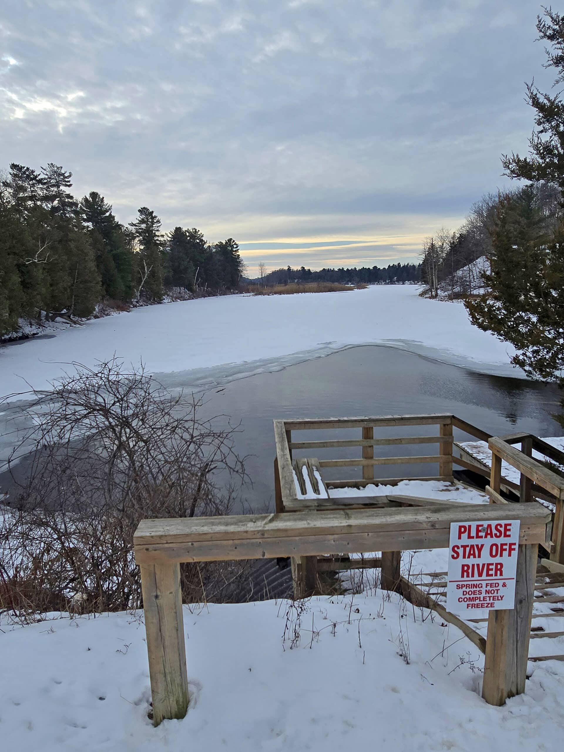 A view out over a deck on old ausable channel at pinery provincial park.