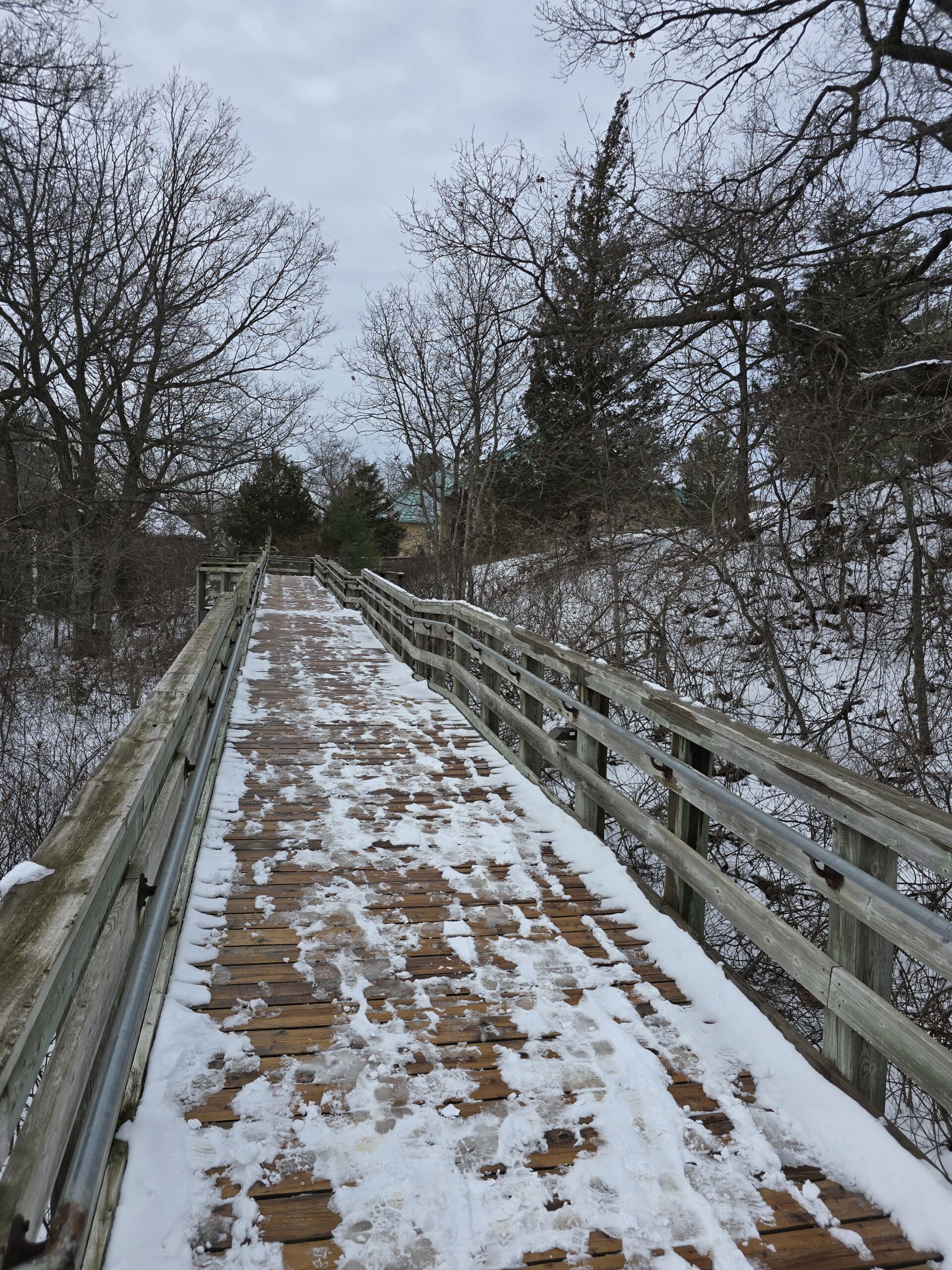 A snow covered ramp up to pinery’s visitor centre.