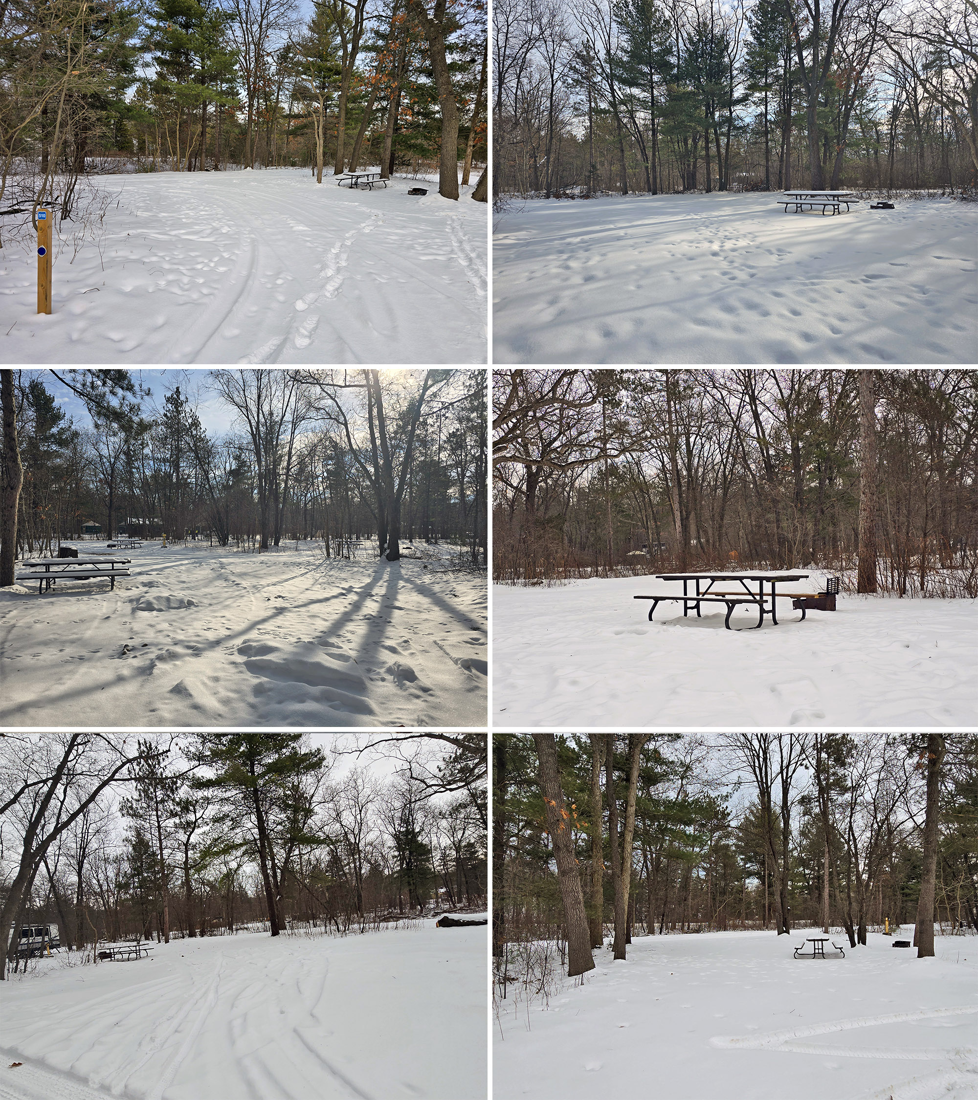 6 part image showing various winter campsites in pinery provincial park.