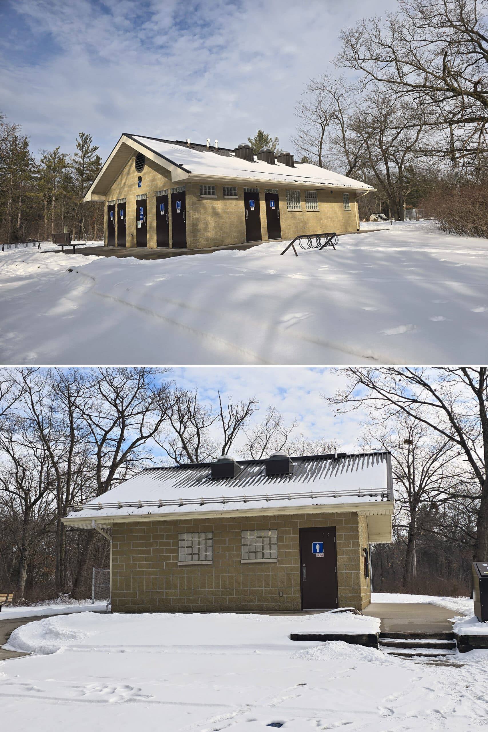 2 part image showing the riverside campground comfort station, and the public washrooms building at pinery provincial park.