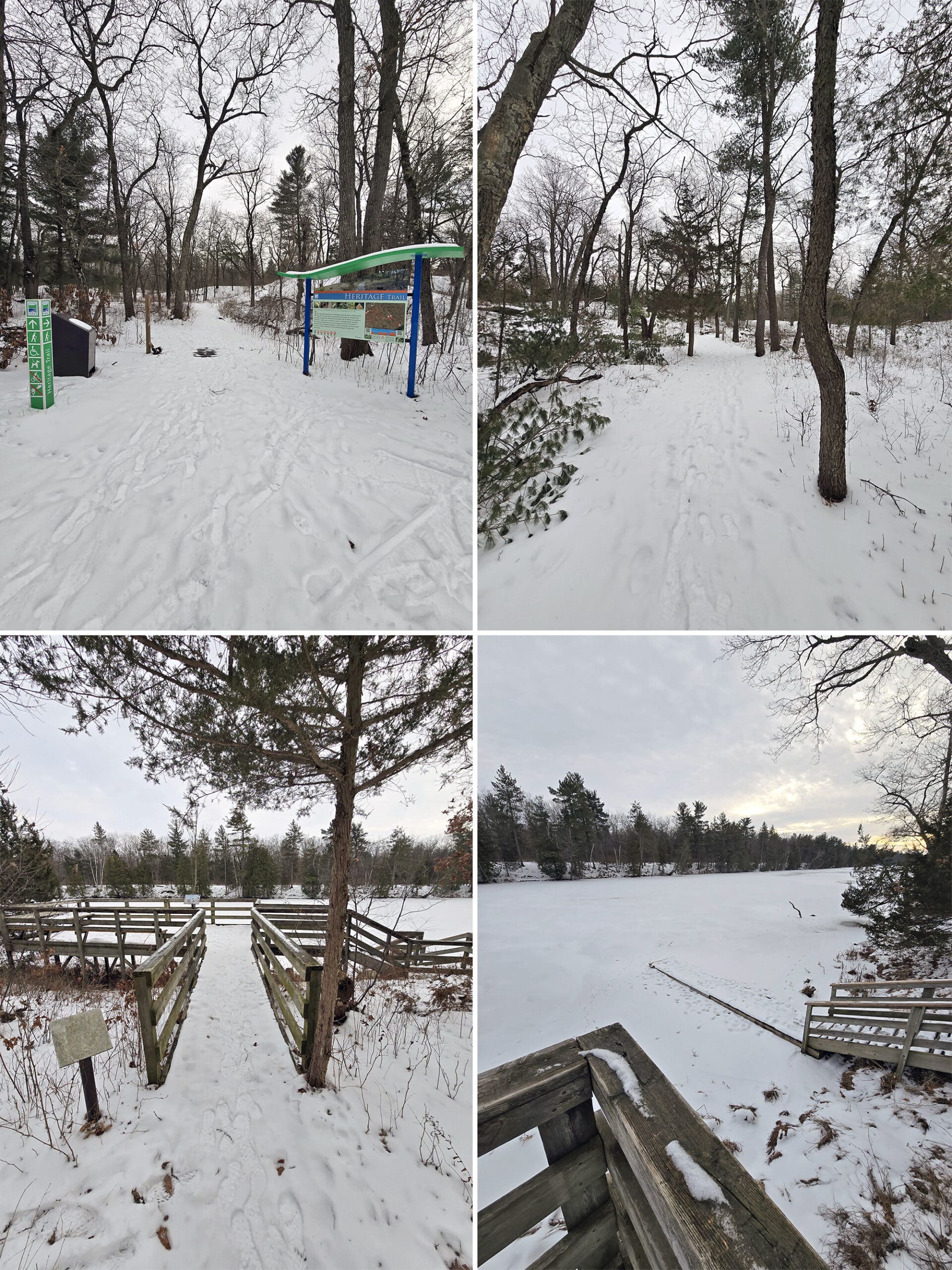 4 part image showing various views of the heritage trail in pinery provincial park.