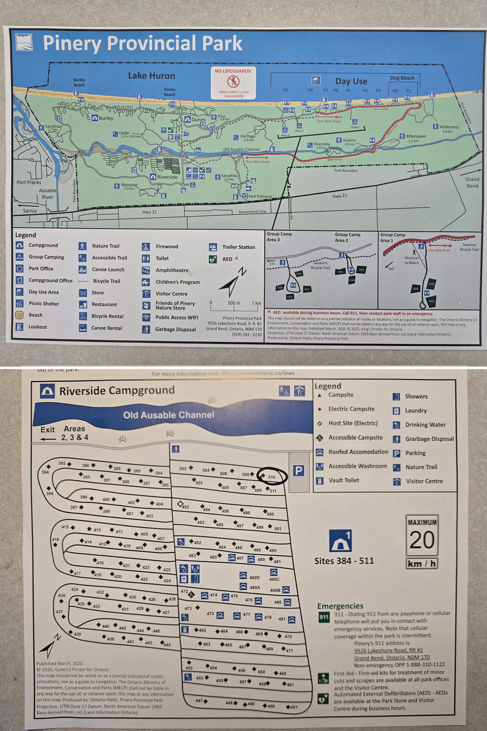 2 part image showing the pinery provincial park map.