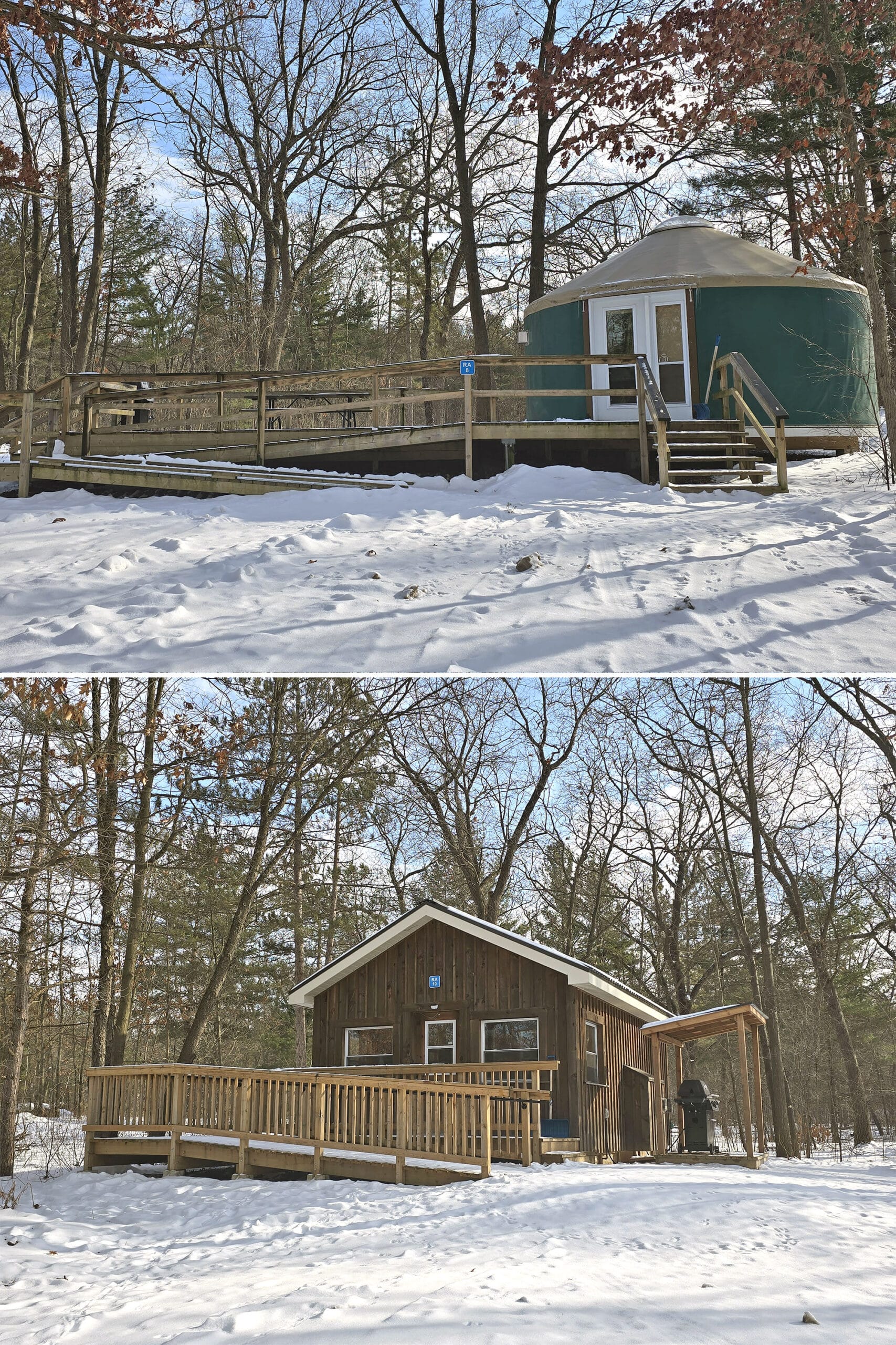 2 part image showing a yurt and a rustic cabin in pinery provincial park, in winter.