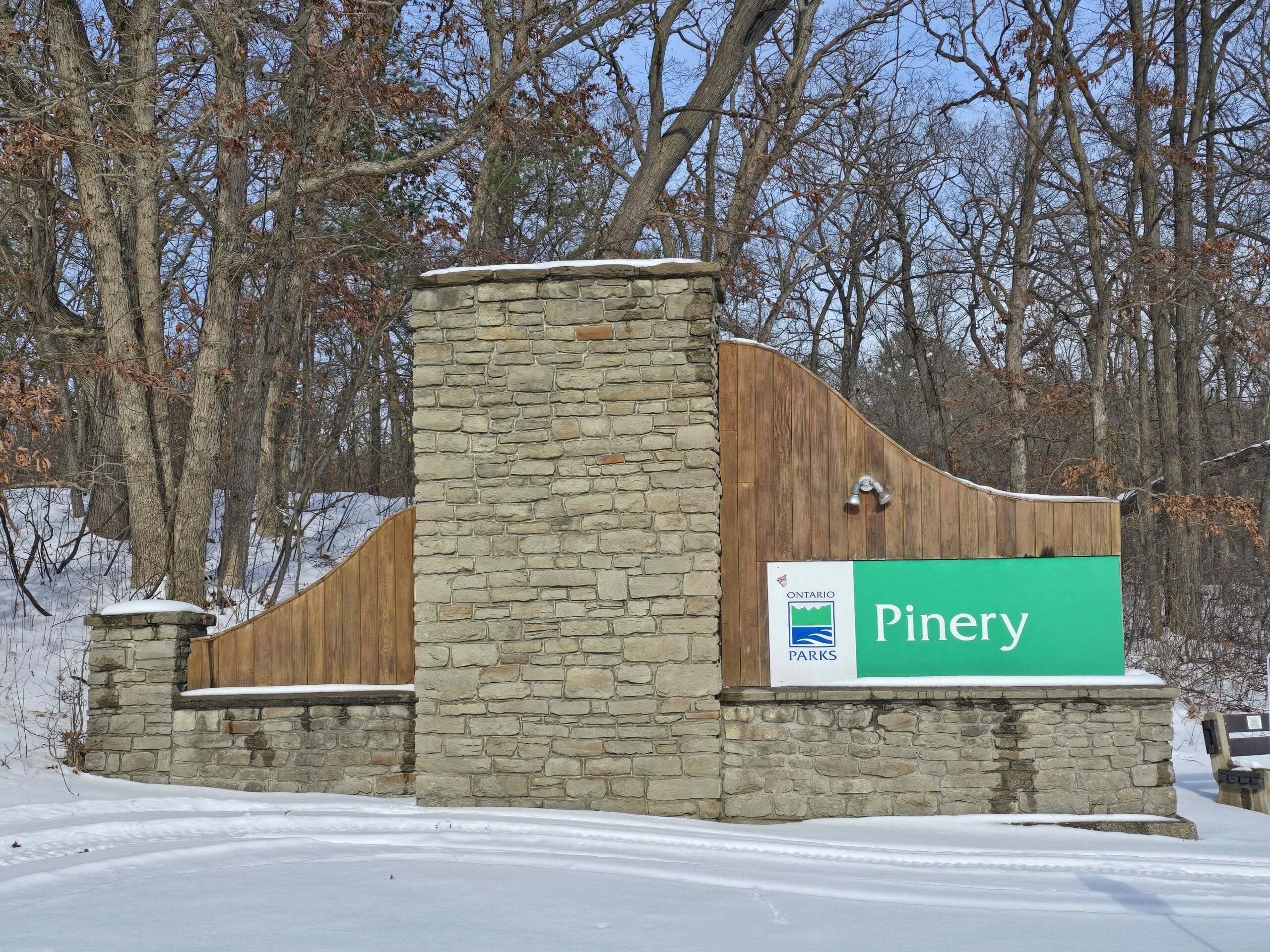 The Pinery Provincial Park sign in winter.