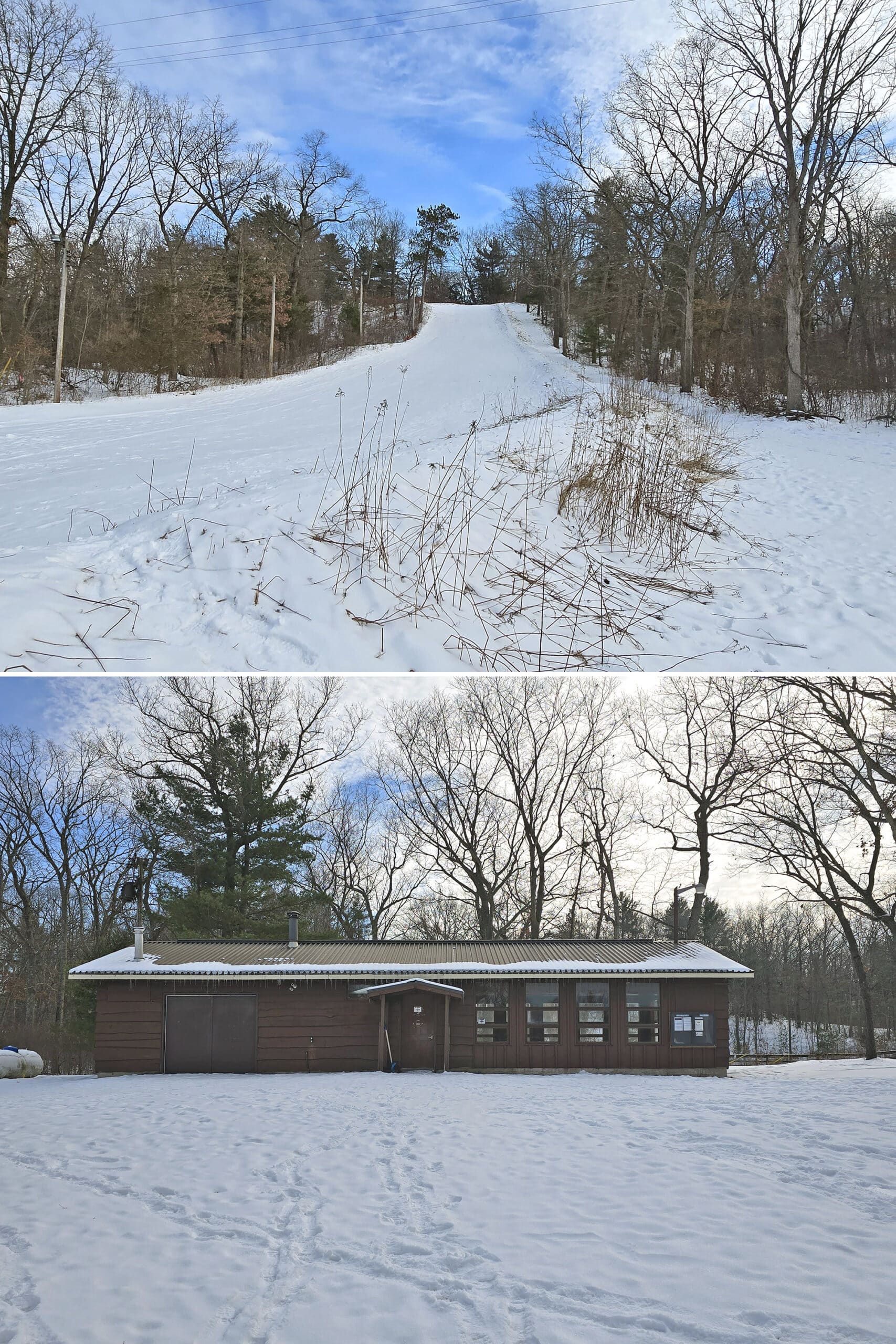 2 part image showing a toboggan hill and a small winter chalet.