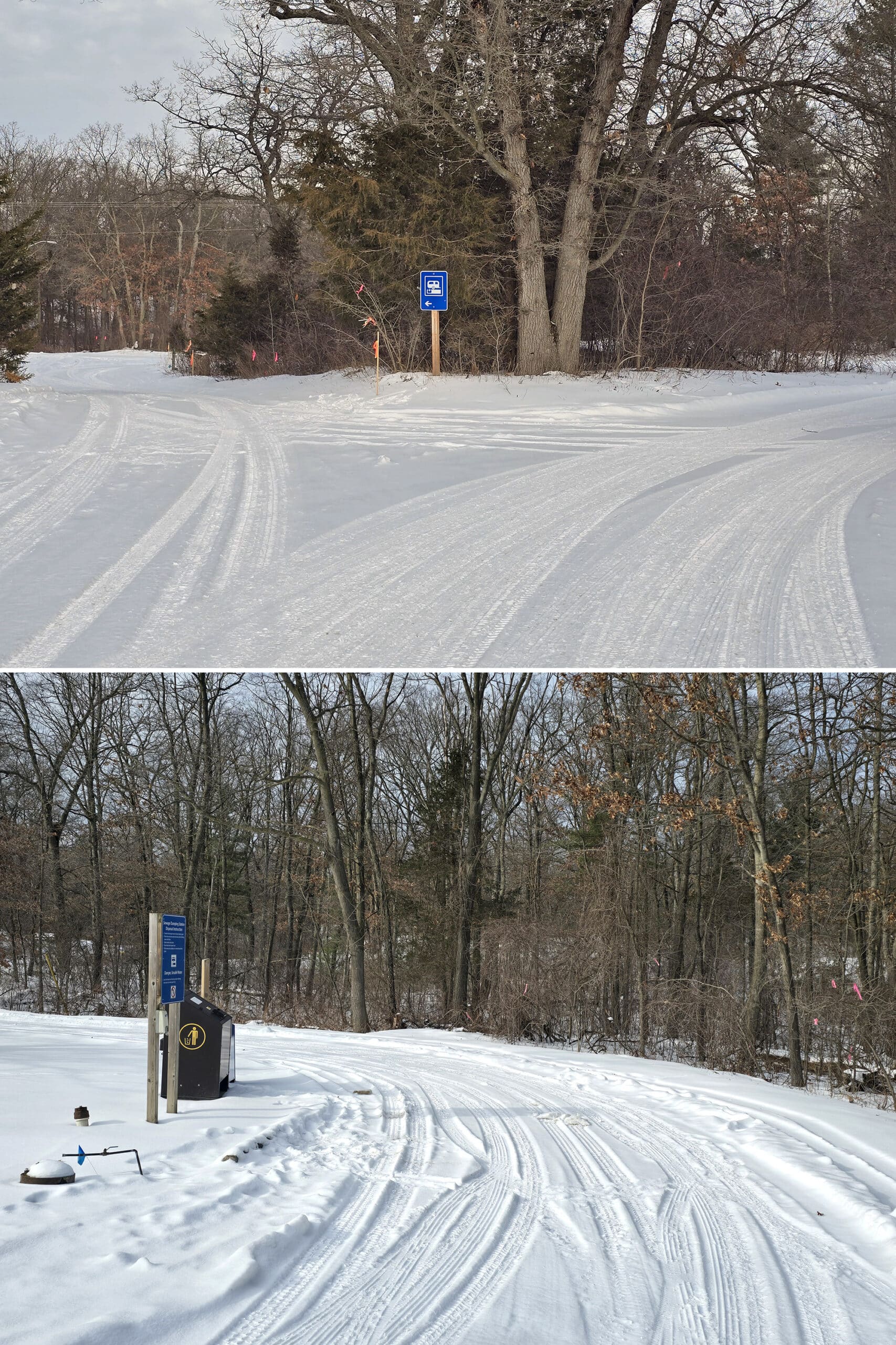 2 part image showing the parking lot for the trailer station, and the trailer dump platform in winter.