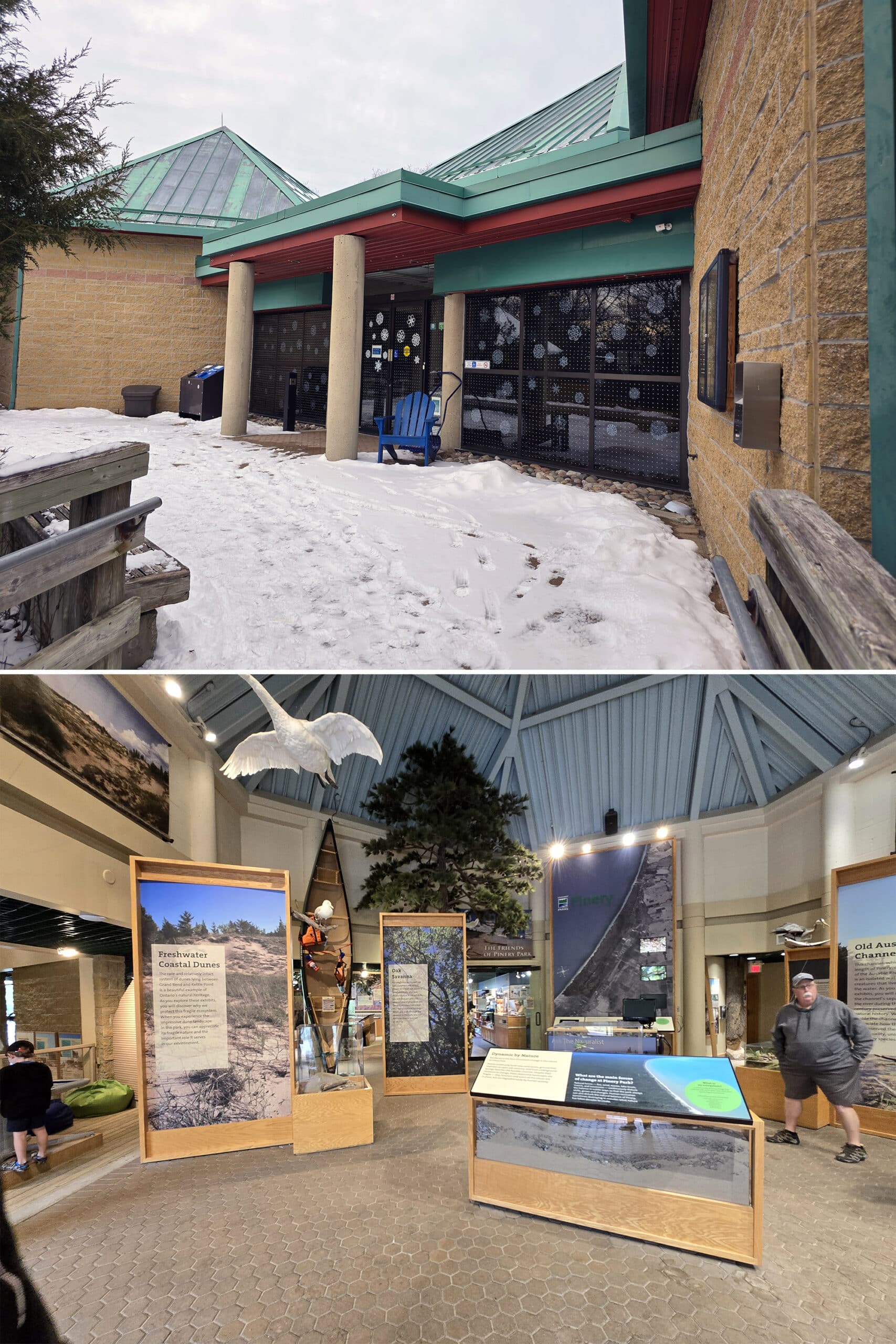 2 part image showing the exterior and interior of the visitor centre at pinery provincial park.