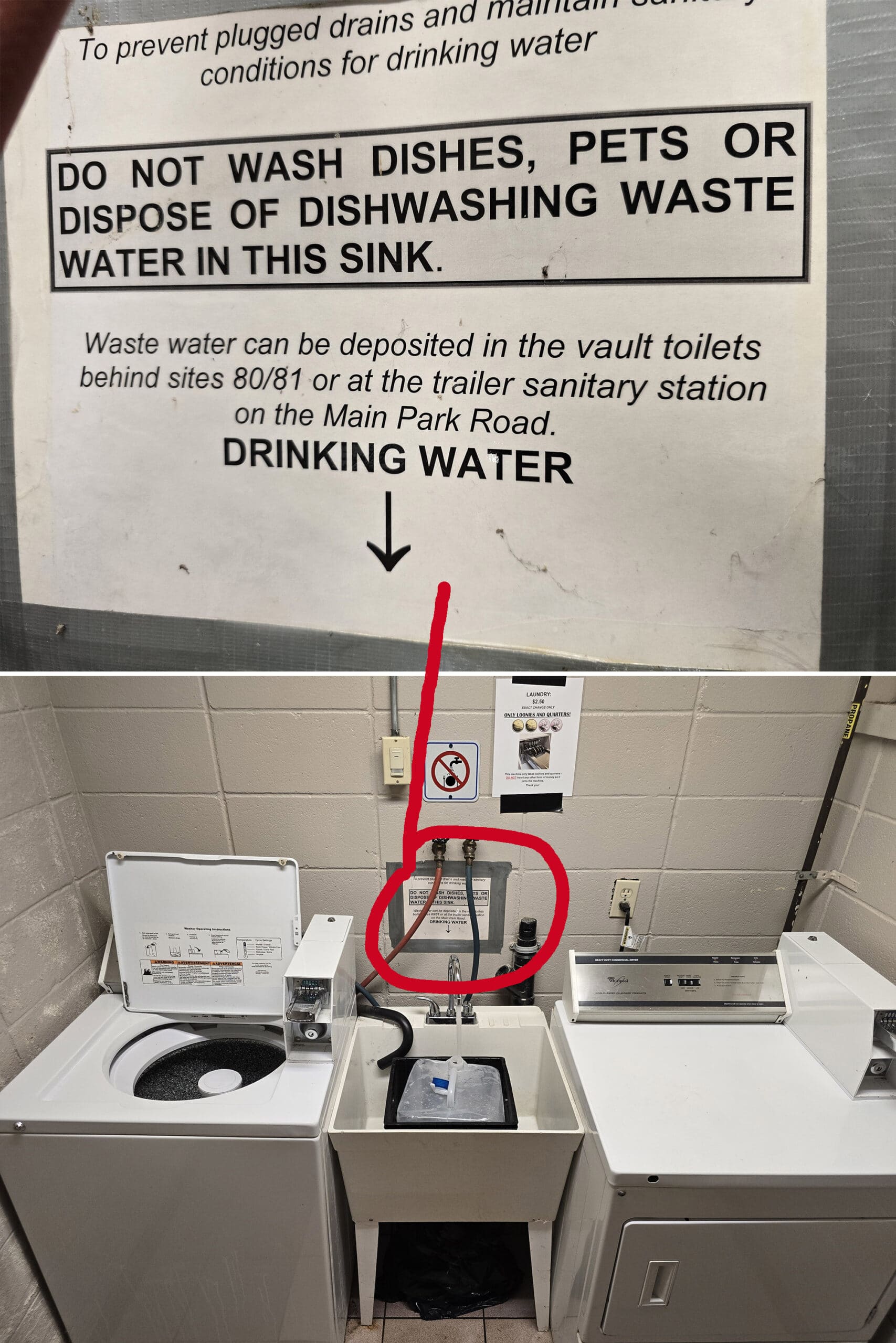 2 part image showing a jug of water being filled in a raised tub between a washer and dryer.