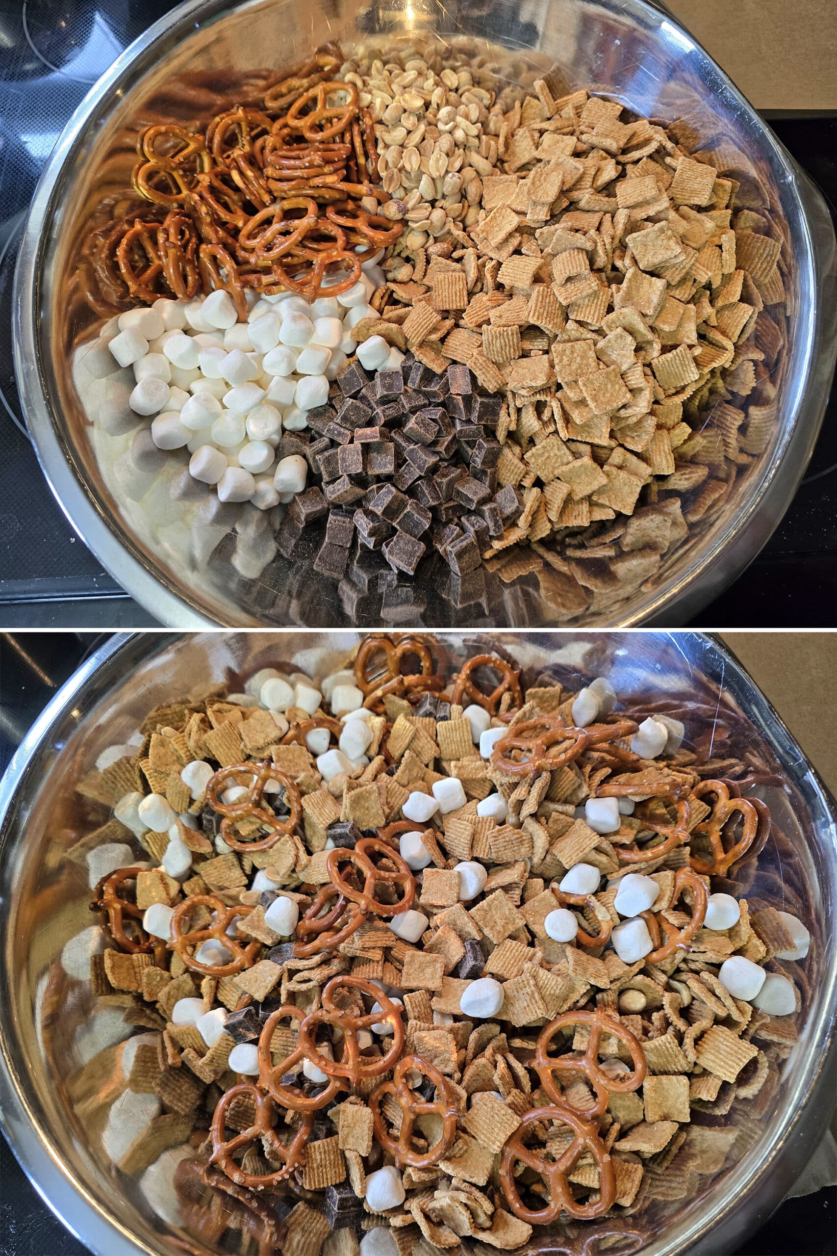 2 part image showing all of the smores snack mix ingredients in a bowl before and after mixing them together.