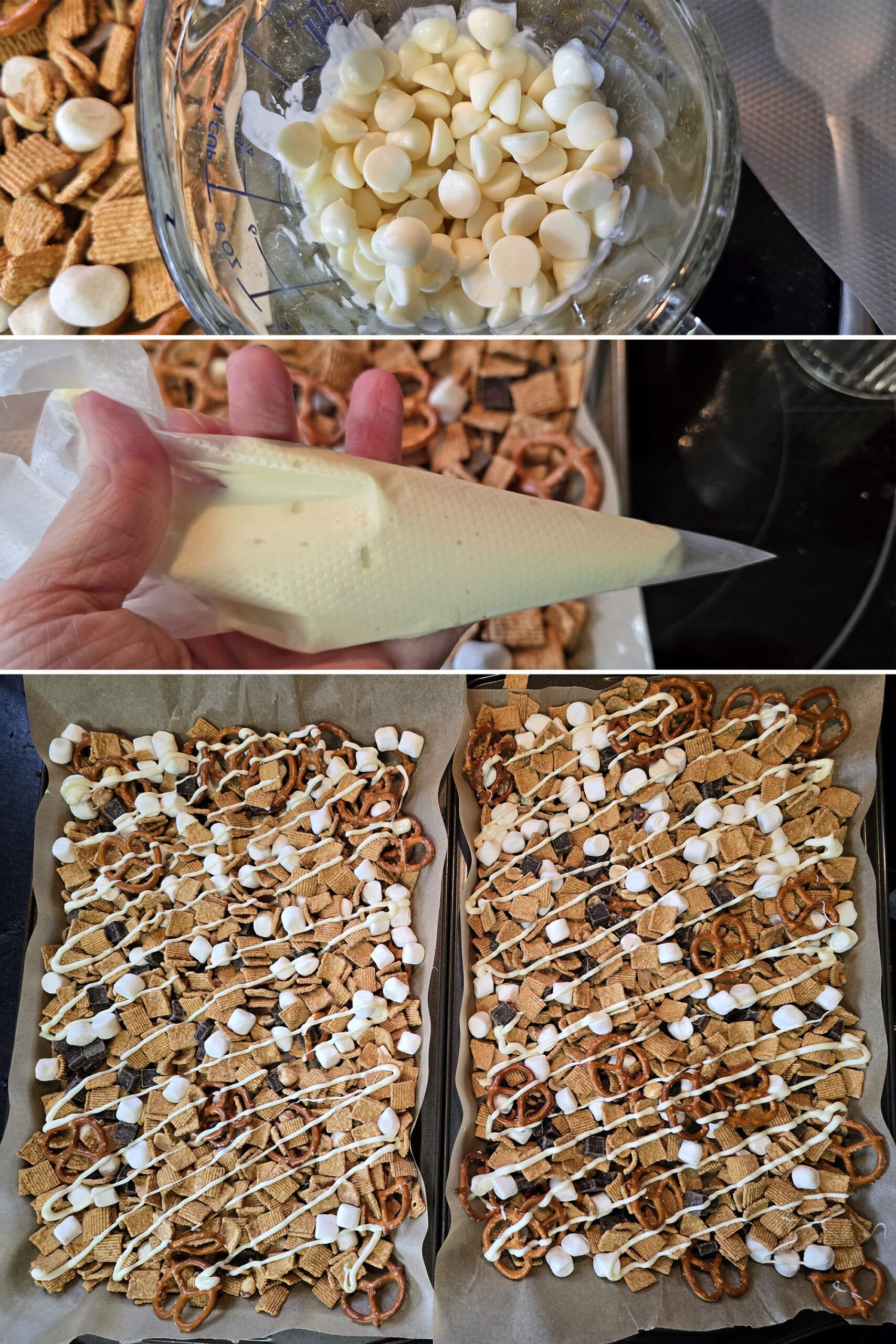 3 part image showing a bowl of white chocolate chips, a pastry bag filled with melted white chocolate, and the white chocolate drizzled over the 2 pans of smores snack mix.