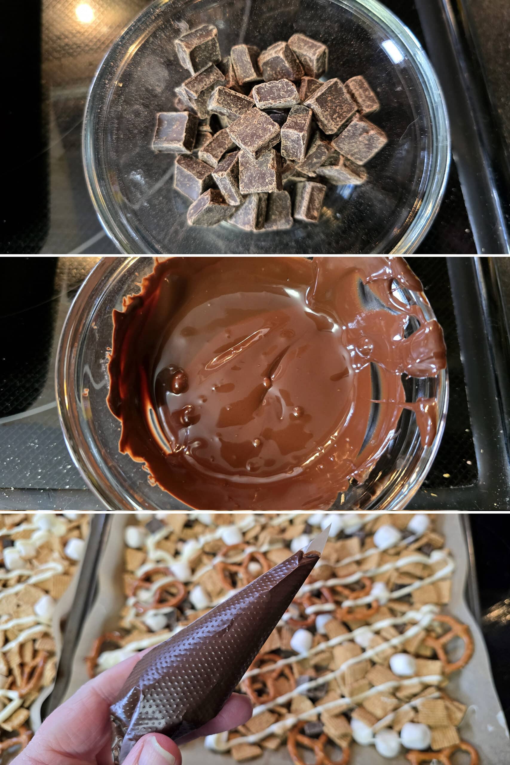 3 part image showing a bowl of chocolate being melted and put in a pastry bag.