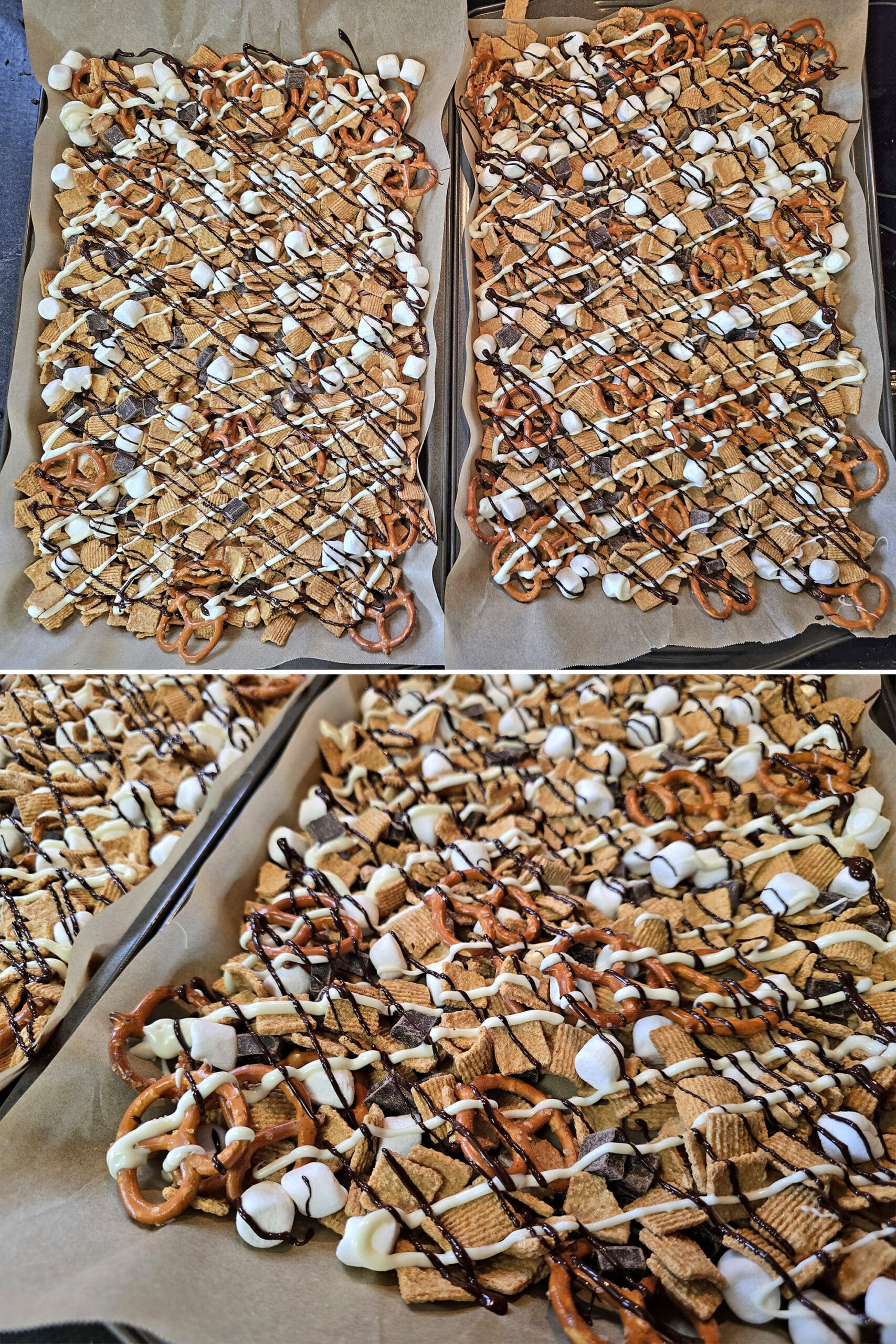 2 part image showing 2 baking pans of homemade s’mores trail mix after being drizzled with chocolate.