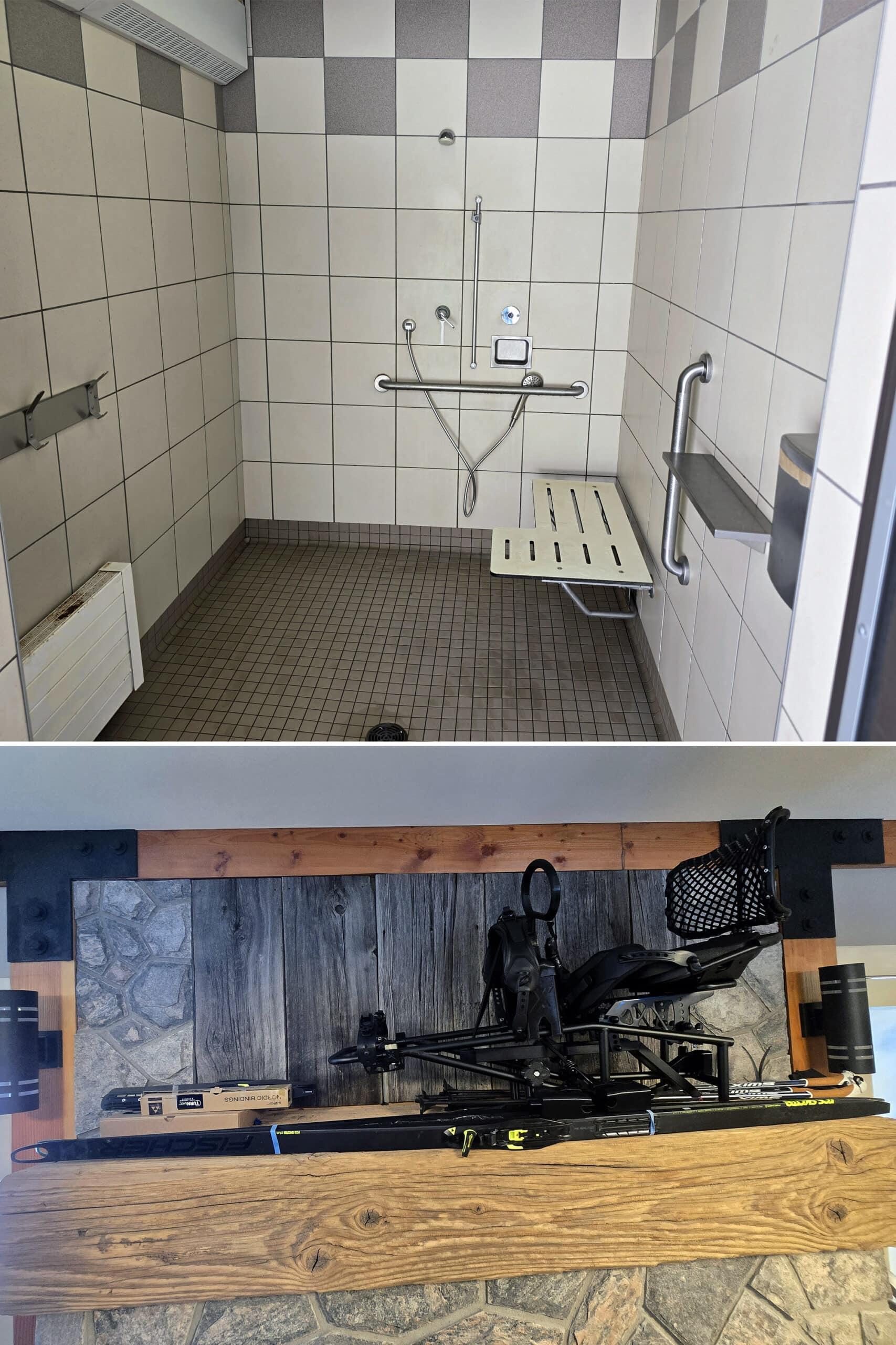 2 part image showing a barrier free shower, and a sit ski apparatus.