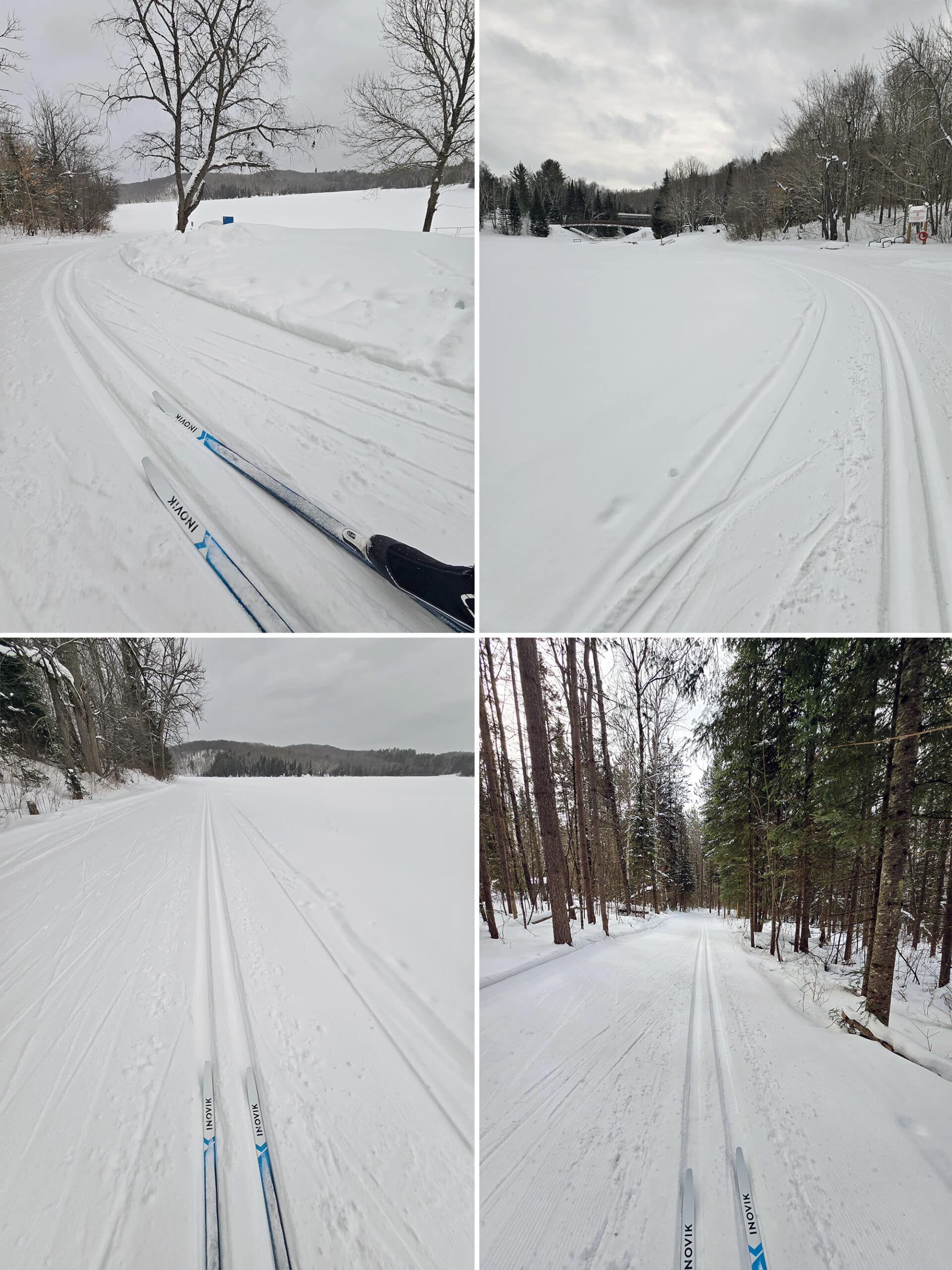 4 part image showing various views along the arrowhead lake ski trail at arrowhead provincial park.