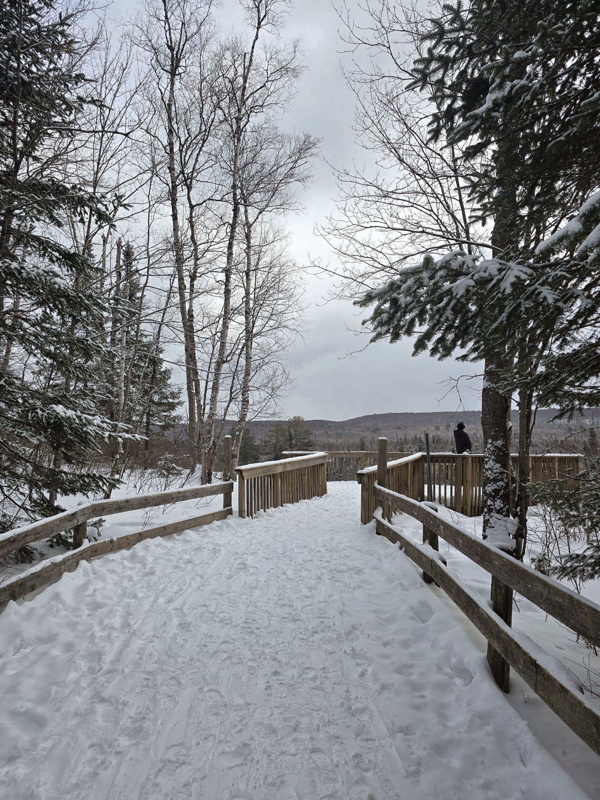 A wooden fence lined winter trail to a lookout.