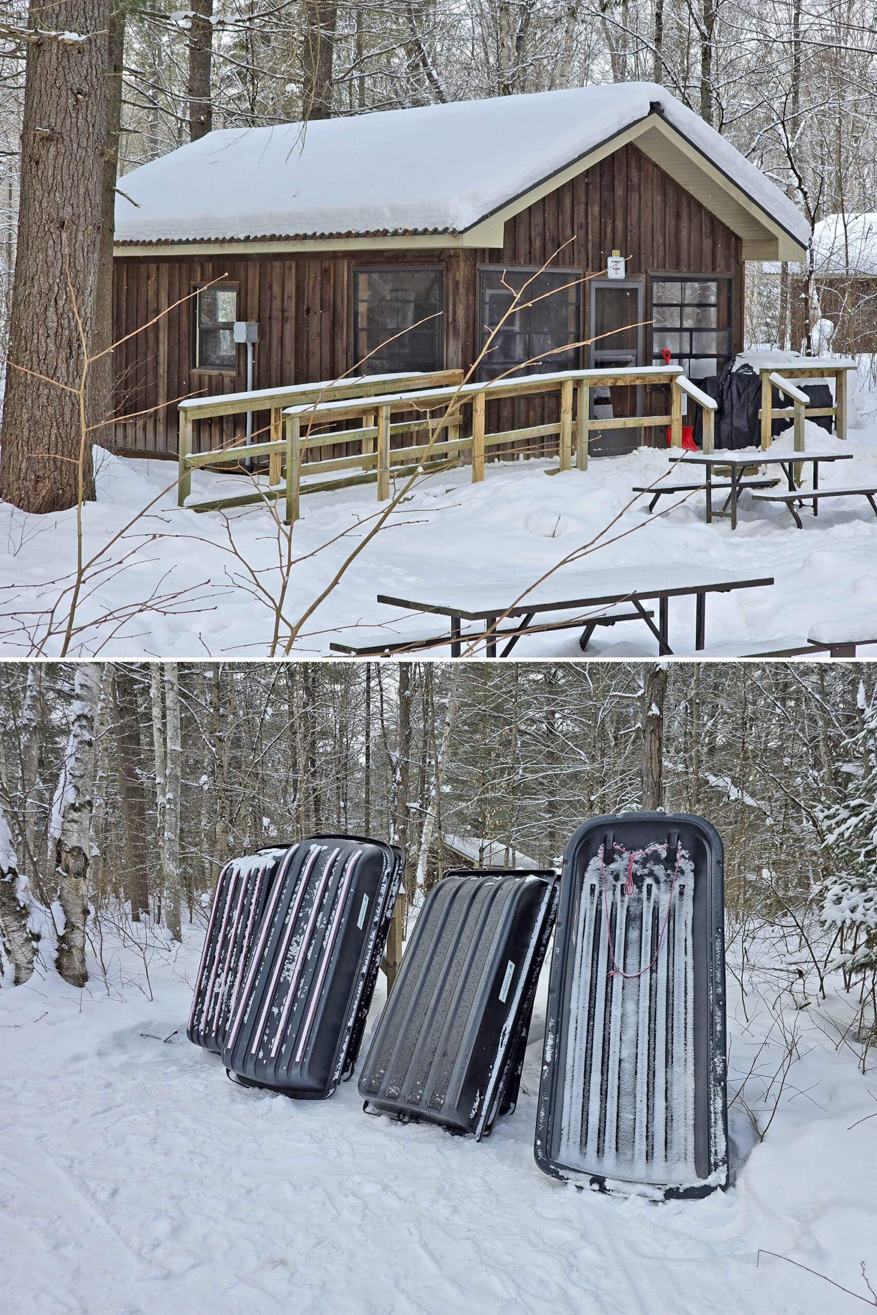 2 part image showing one of the winter camp cabins at arrowhead provincial park, and a rack of sleds.