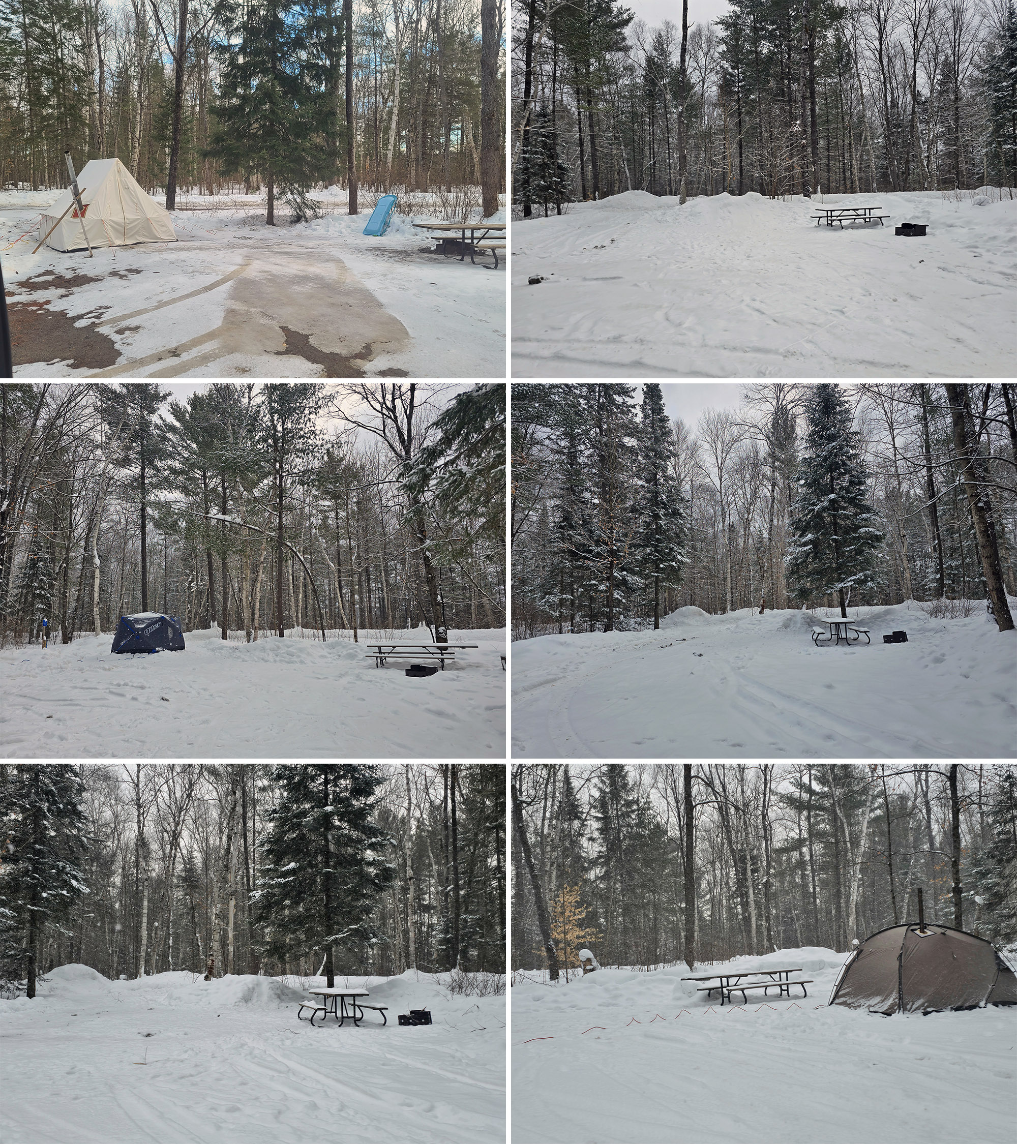 6 part image showing winter campsites at arrowhead provincial park.