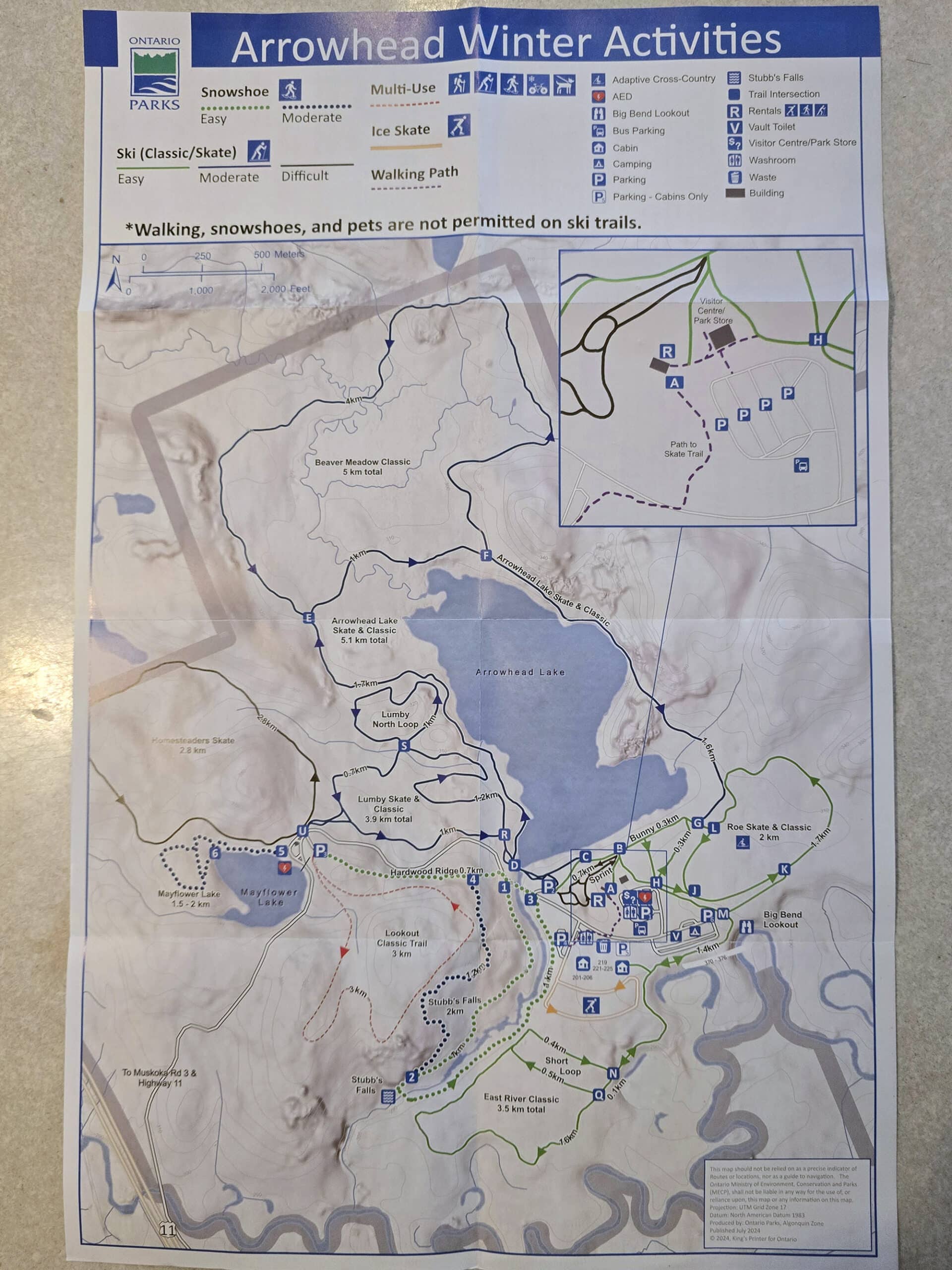 A photo of Arrowhead Provincial Park's winter trail map.