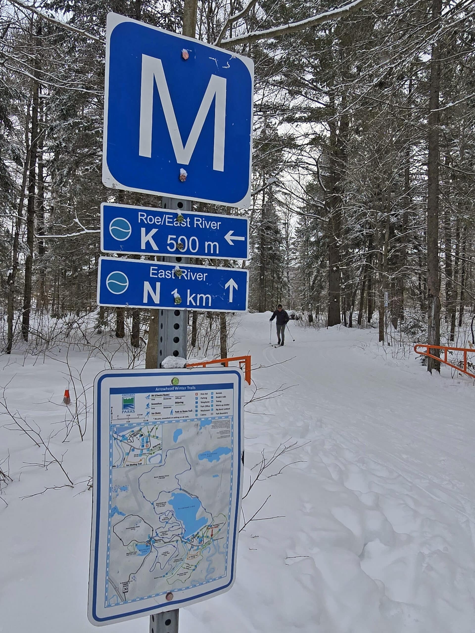 A set of ski trail maps and signage on a post next to one of arrowhead provincial park's ski trails.