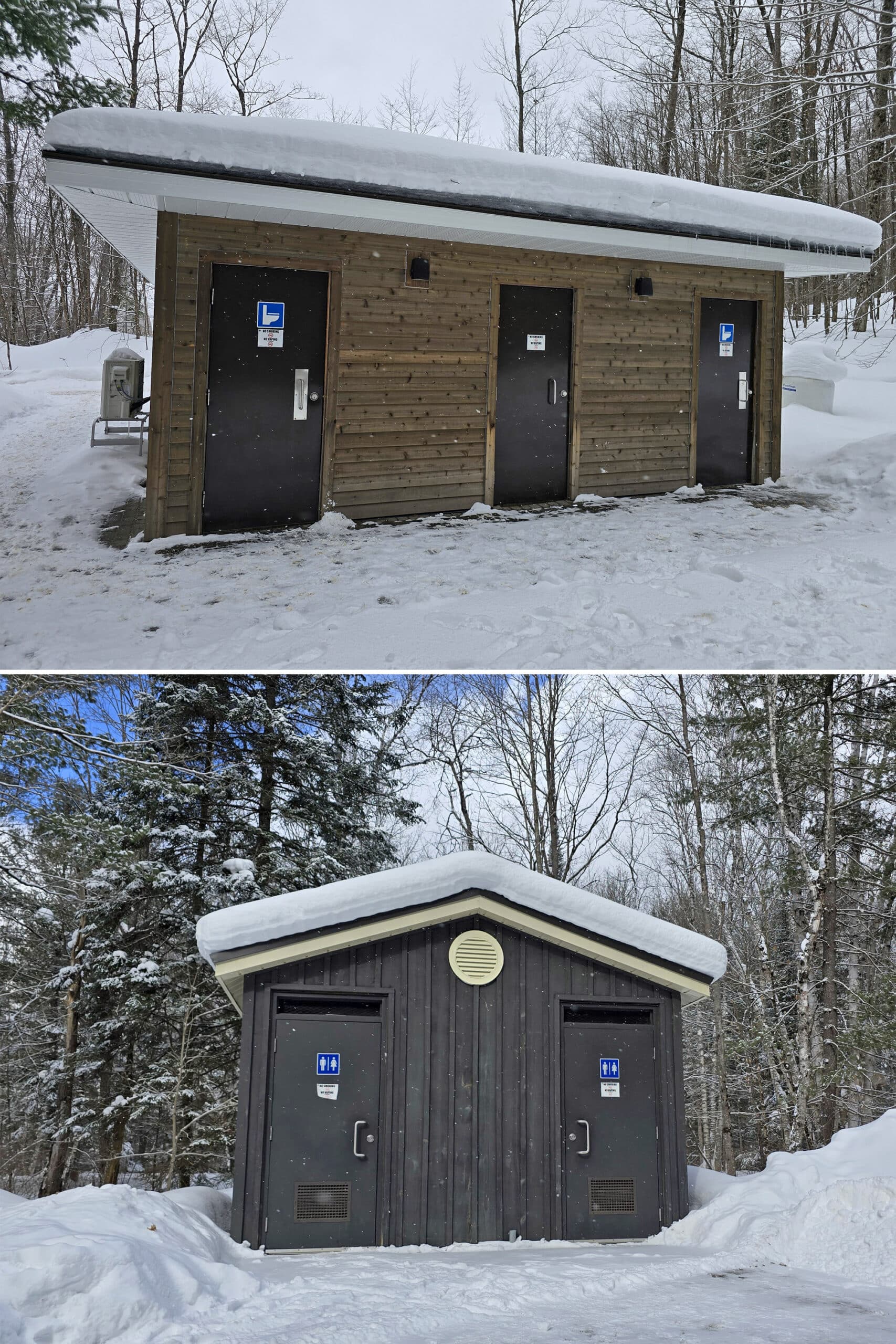 2 part image showing 2 different vault toilet buildings at Arrowhead.