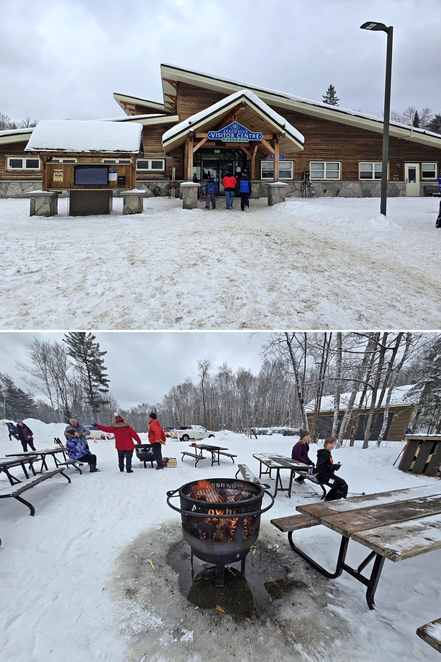 2 part image showing the Arrowhead Provincial Park Visitor Centre and a gathering spot with benches and fire pits.