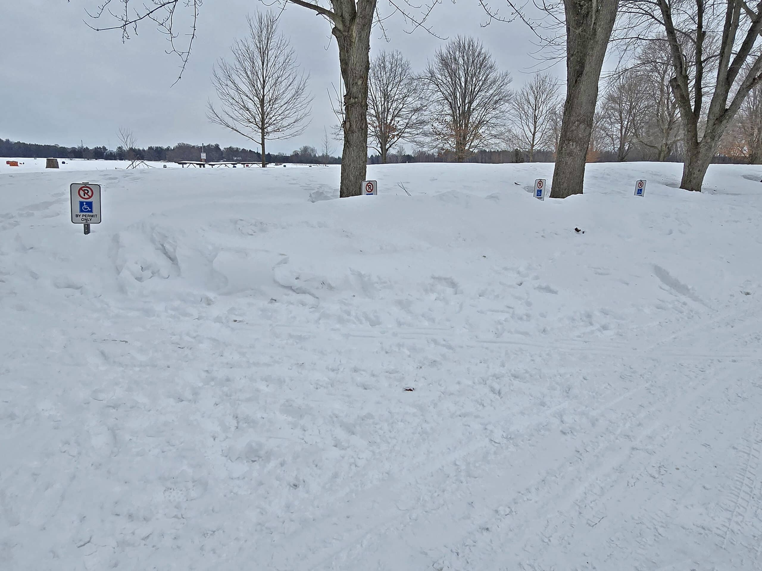 Several accessible parking spaces buried under snow.