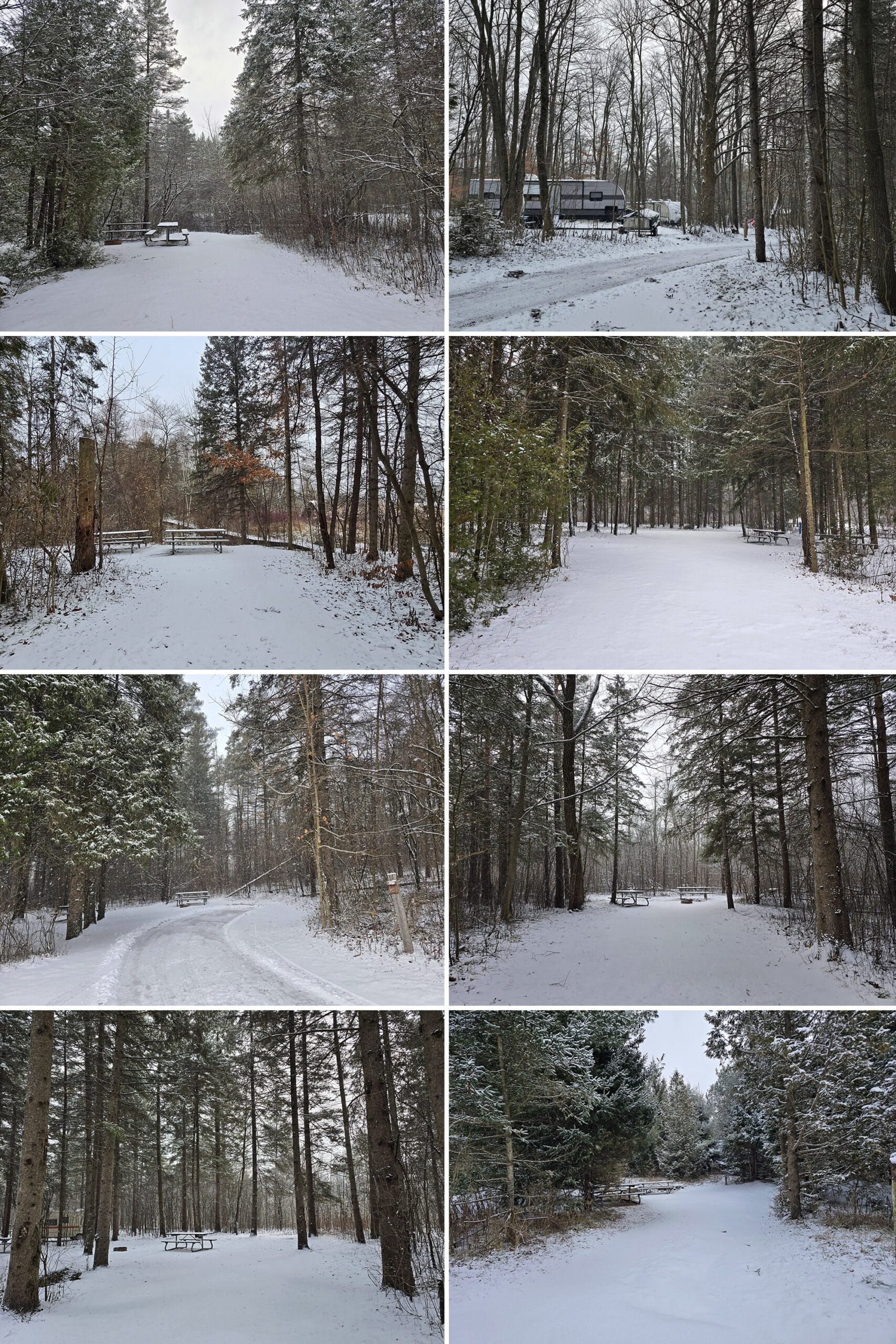 8 part image showing various winter campsites at valens lake conservation area.