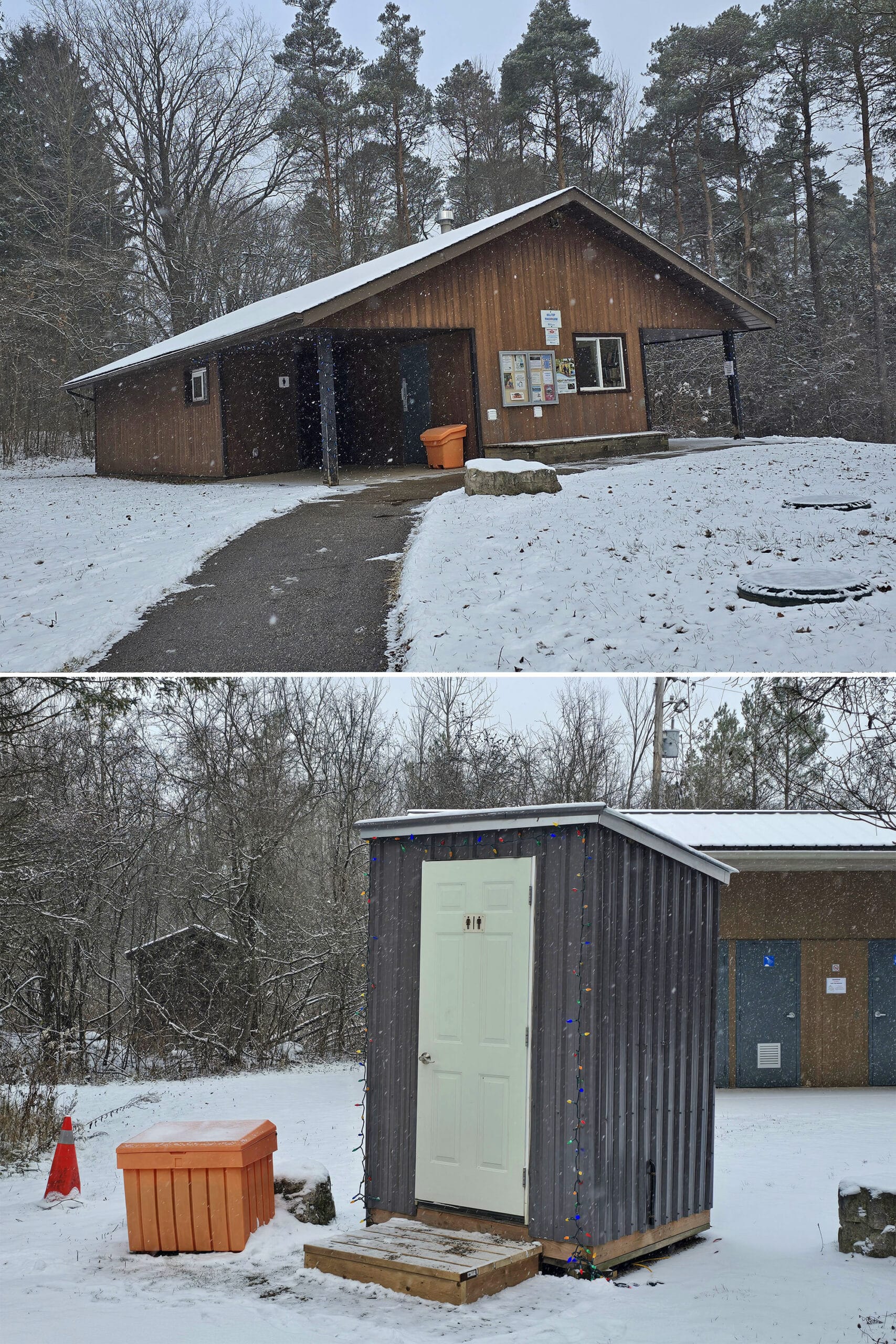 2 part image showing the comfort station and one of the porta potties in front of another comfort station.