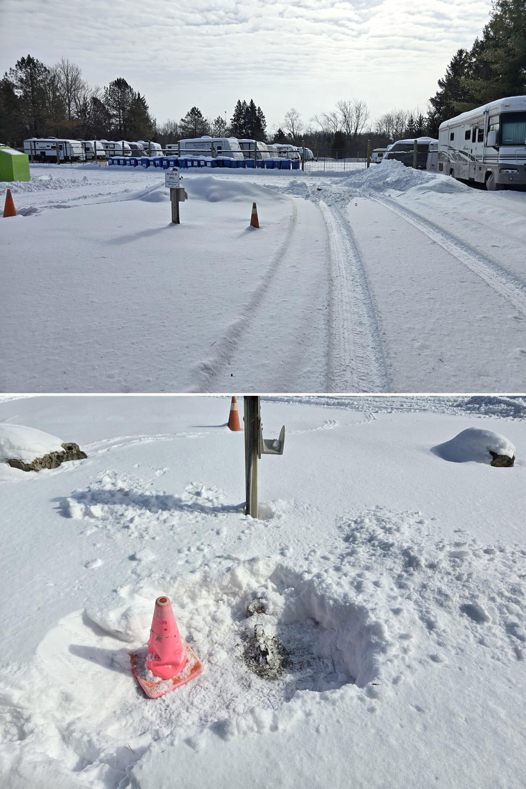 2 part image showing the trailer dump platform at valens lake conservation area in the winter.