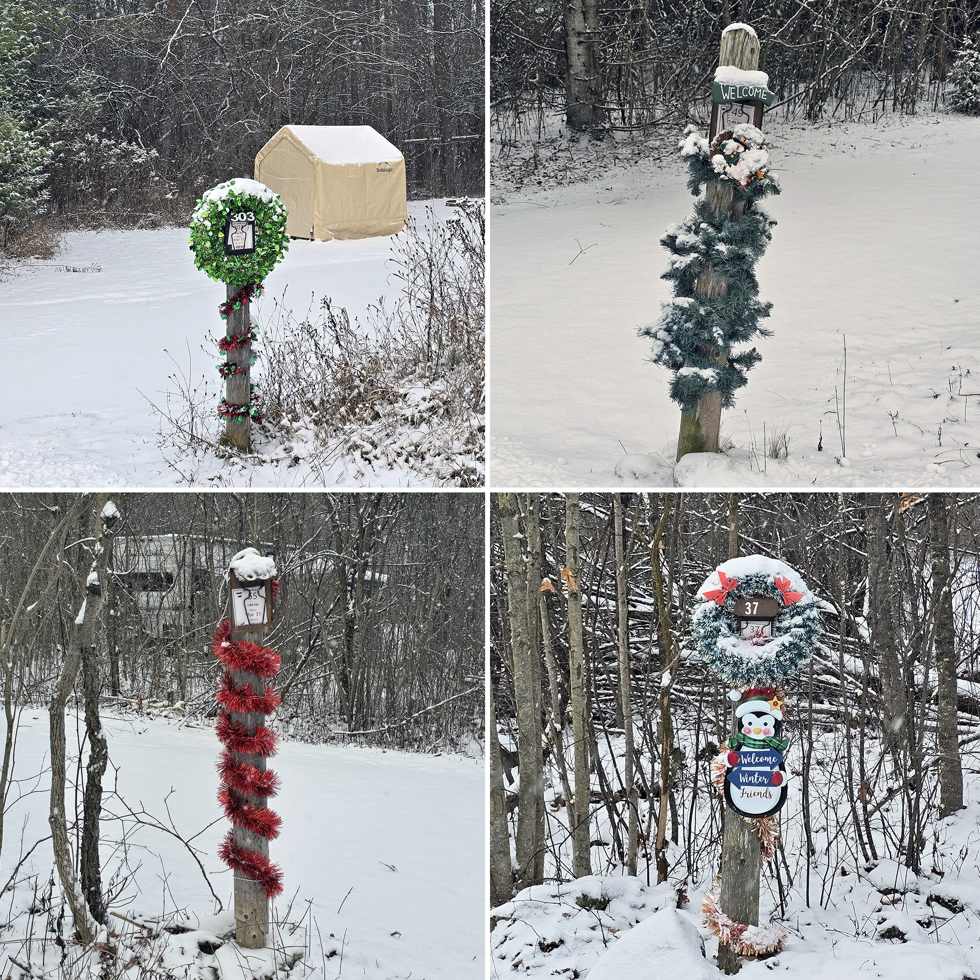 4 part image showing winter campsites decorated for the christmas holidays.