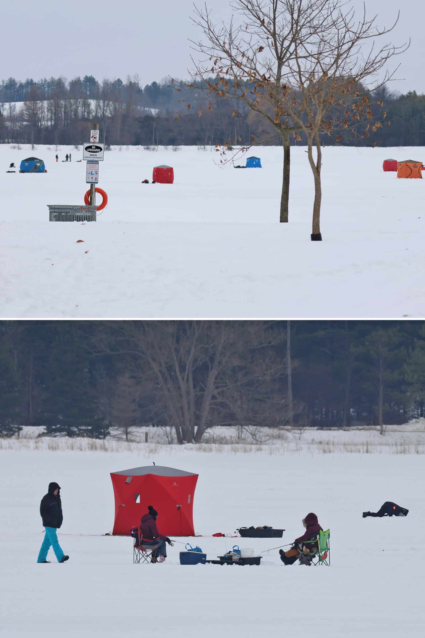 2 part image showing near and far photos of ice fishing on valens lake.