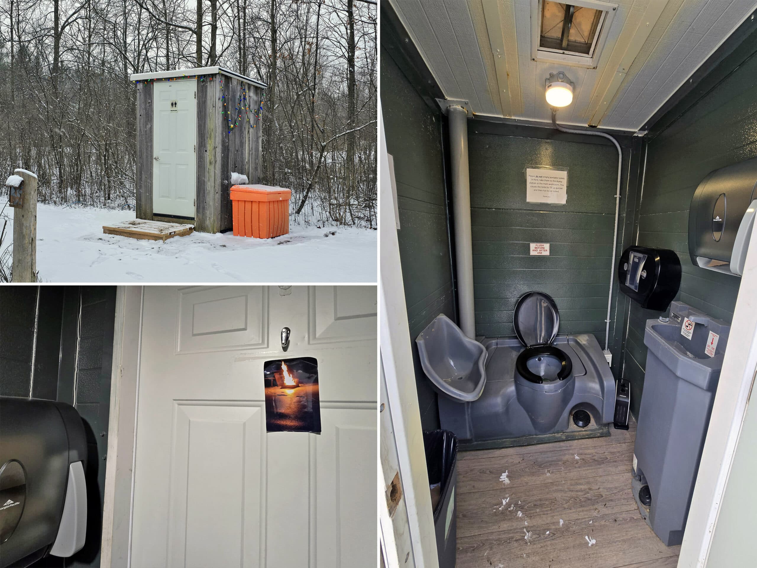 3 part image showing the interior and exterior of a porta potty with a heater, christmas lights, sink, and photo of a camp fire on the door.