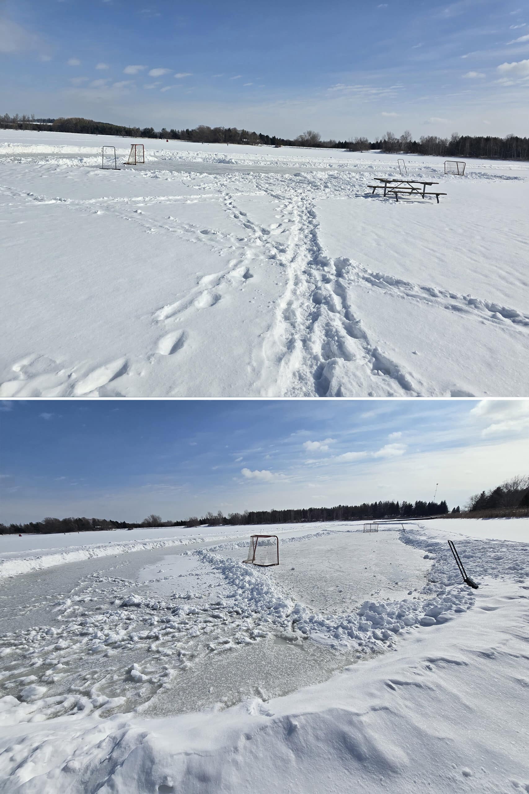 2 part image showing a skating rink cleared on Valens Lake.