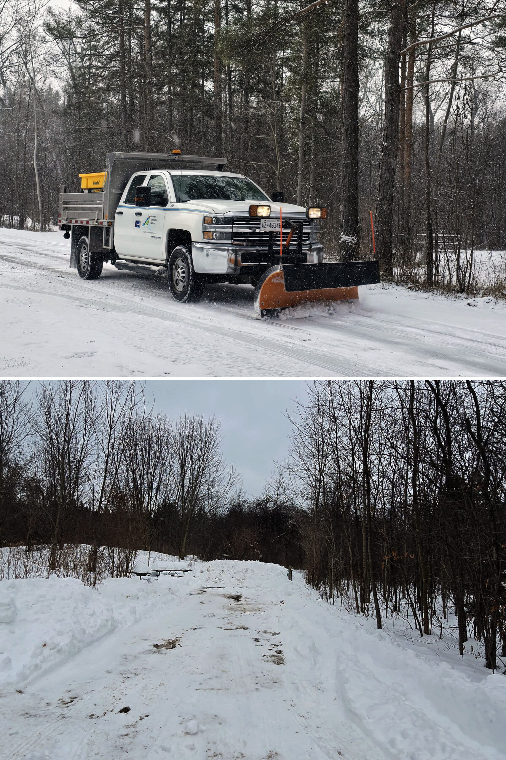 2 part image showing a Hamilton Conservation Authority snow plow and a plowed campsite.