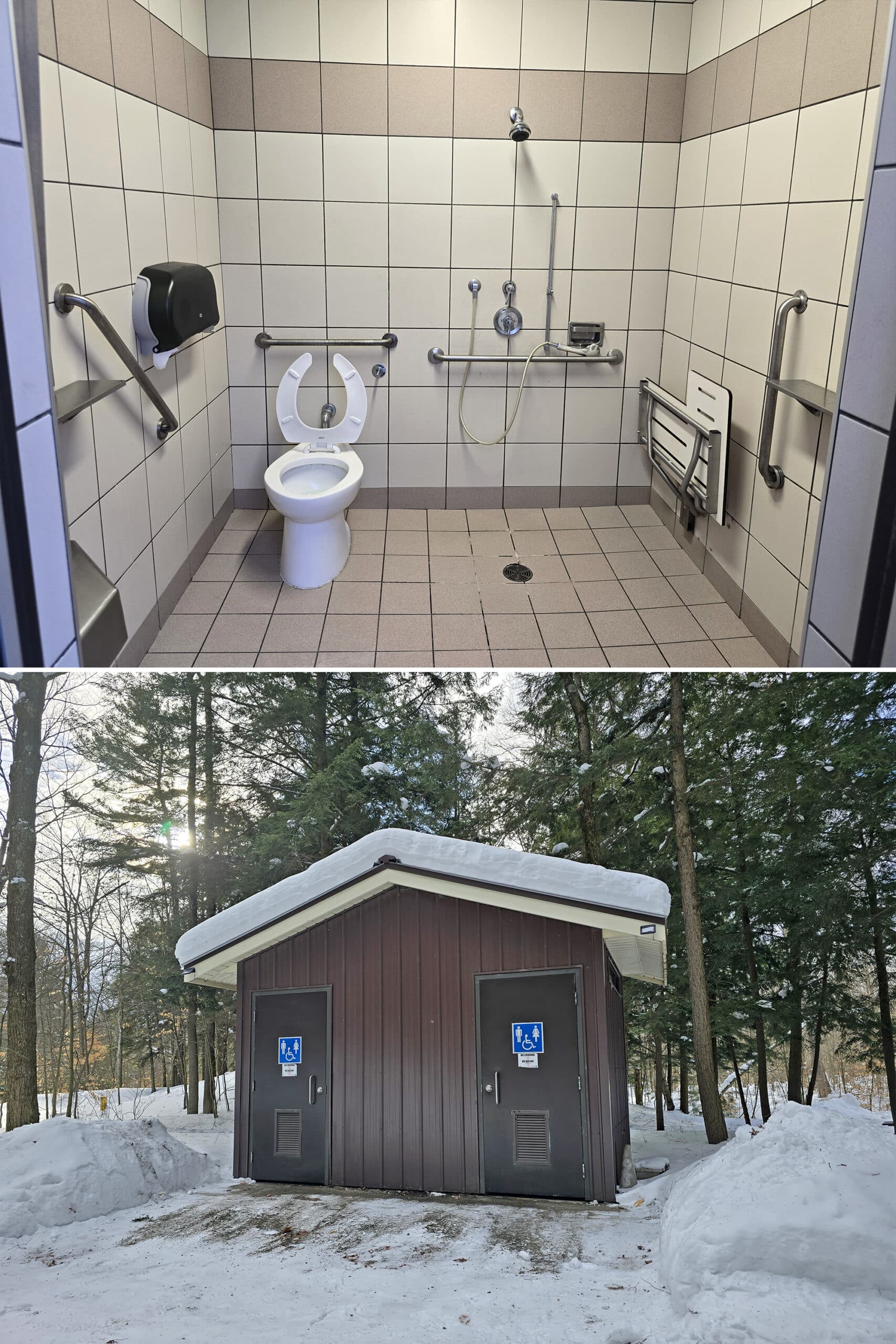 2 part image showing a clean barrier free washroom and the vault toilet.