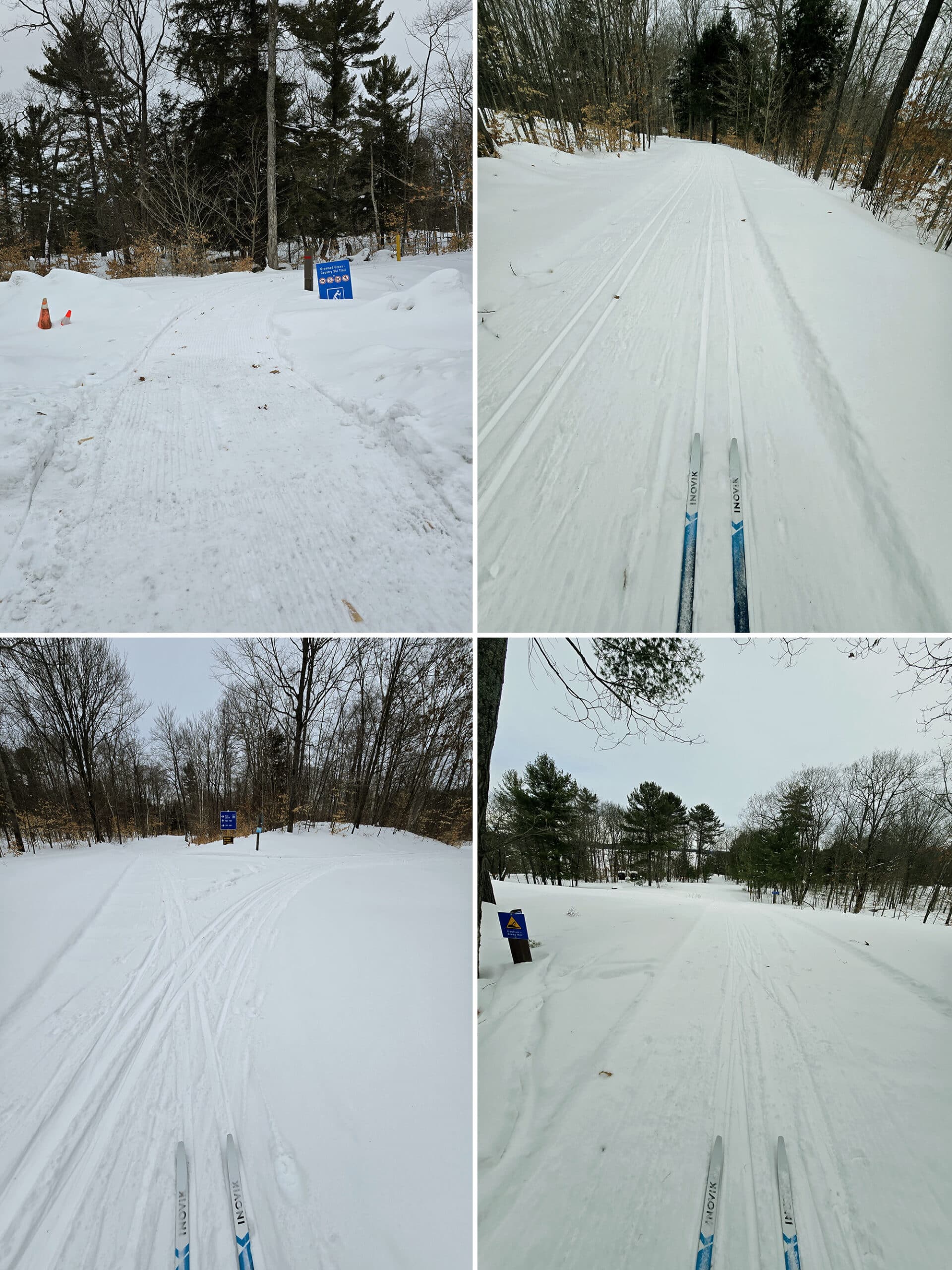 4 part image showing various views along the blind bay ski trail at Killbear Provincial park in the winter.