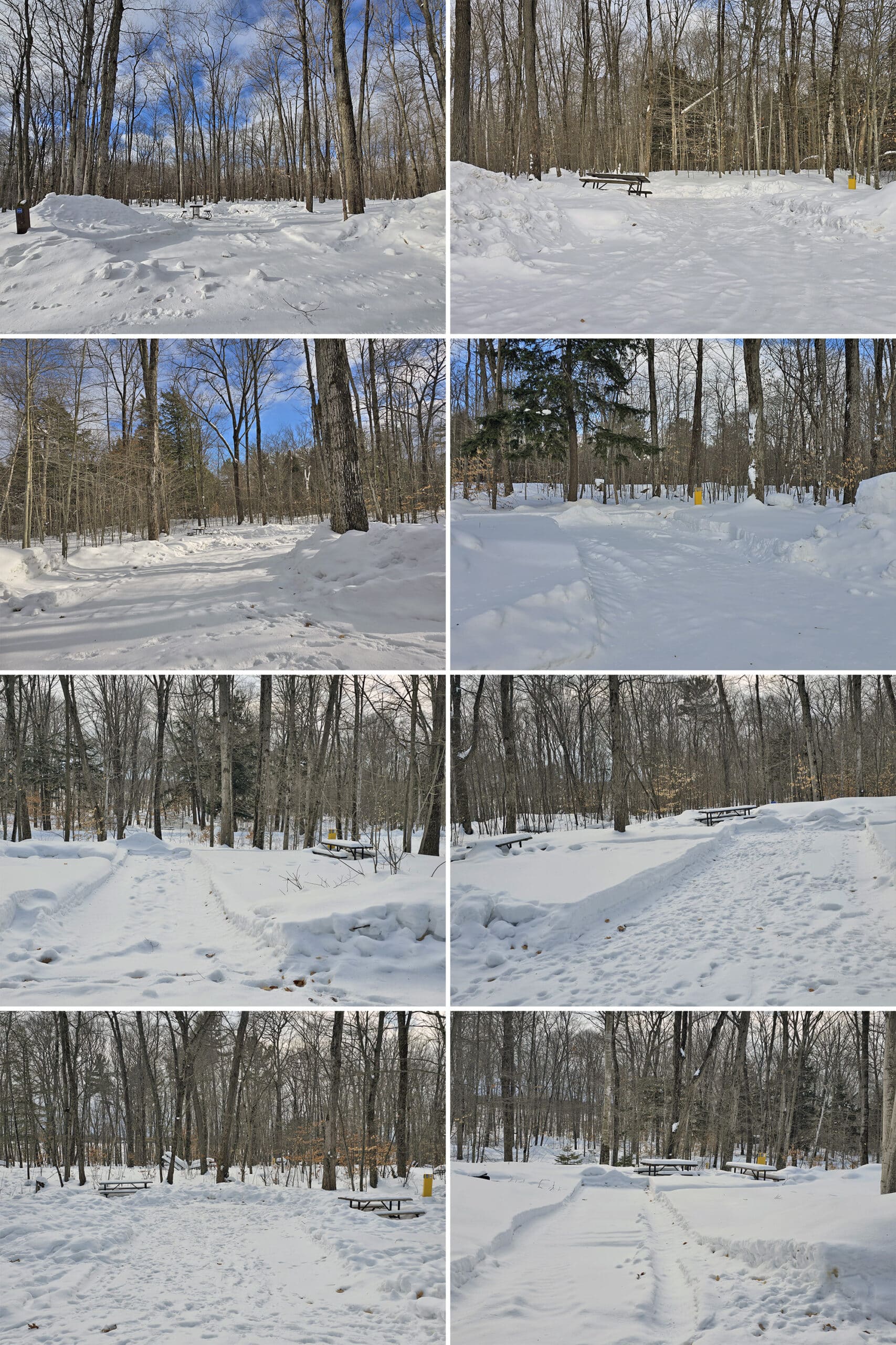 8 part image showing different snowy winter campsites at killbear provincial park.