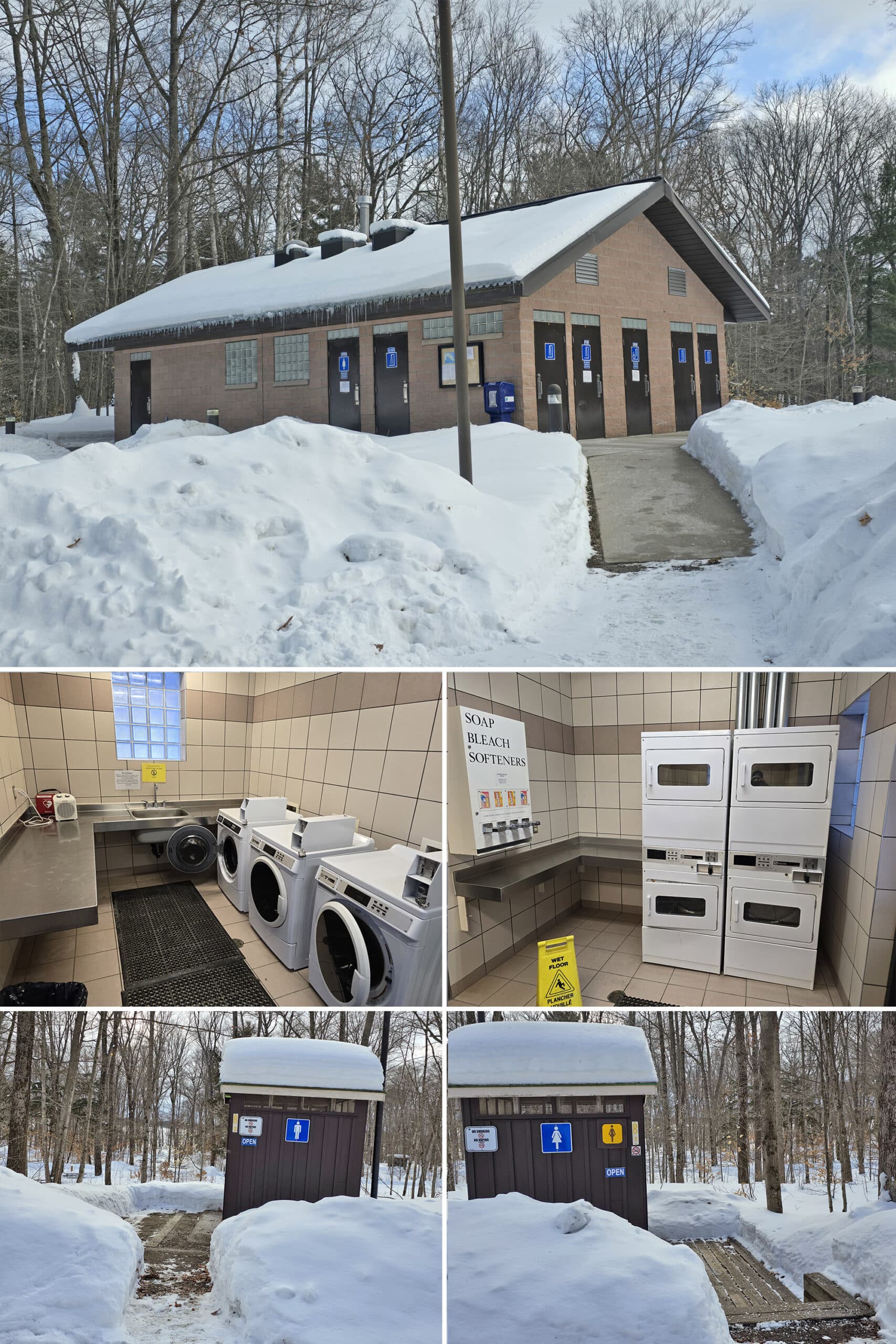 5 part image showing the comfort station, laundry facilities, and 2 vault toilets at killbear provincial park in the winter.