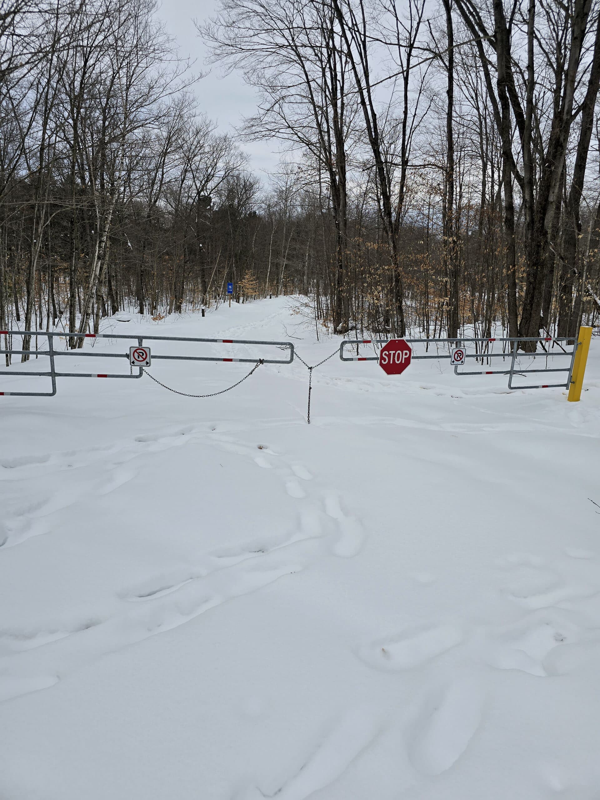 A gated off road in winter.