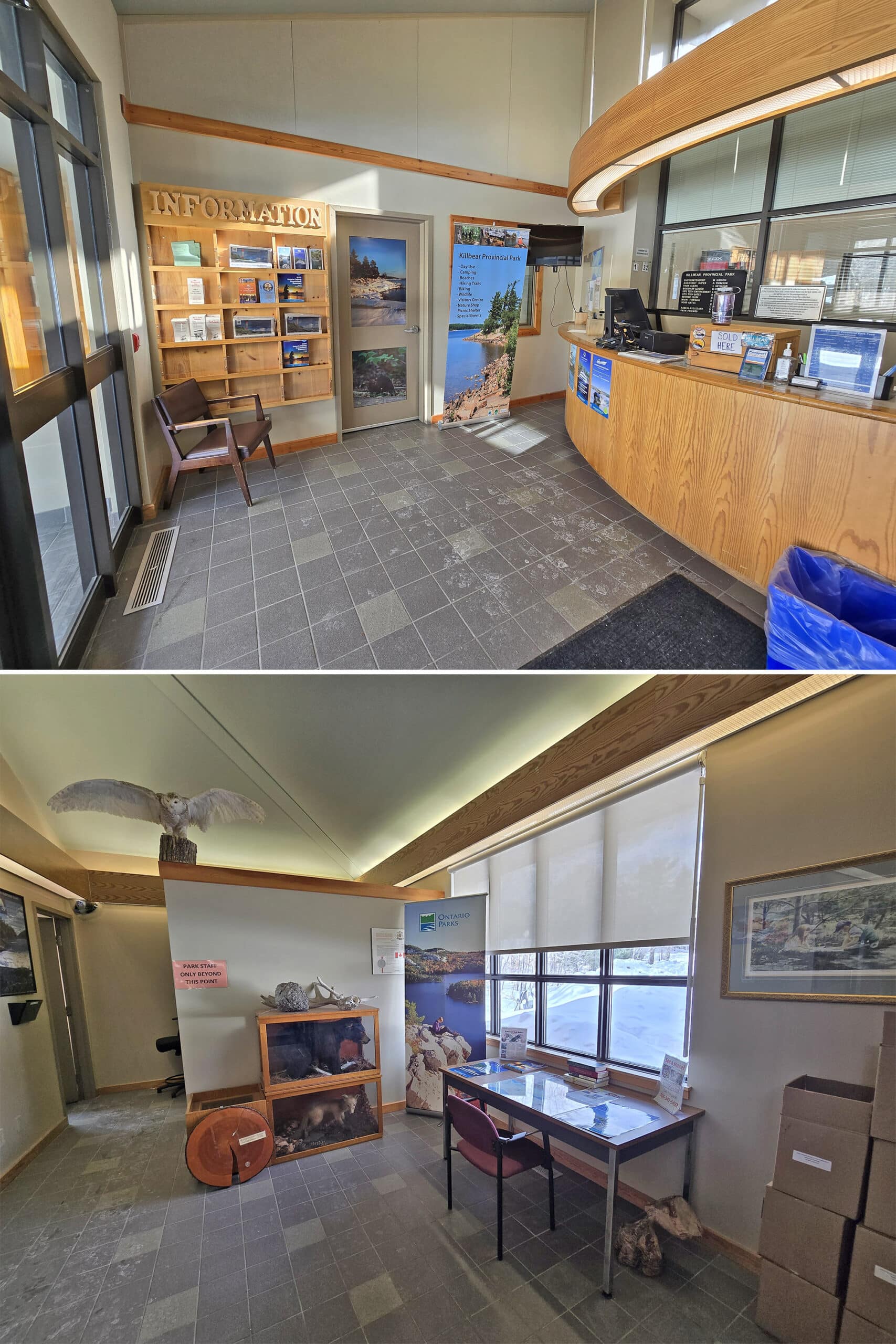 2 part image showing a few displays inside the killbear provincial park office.