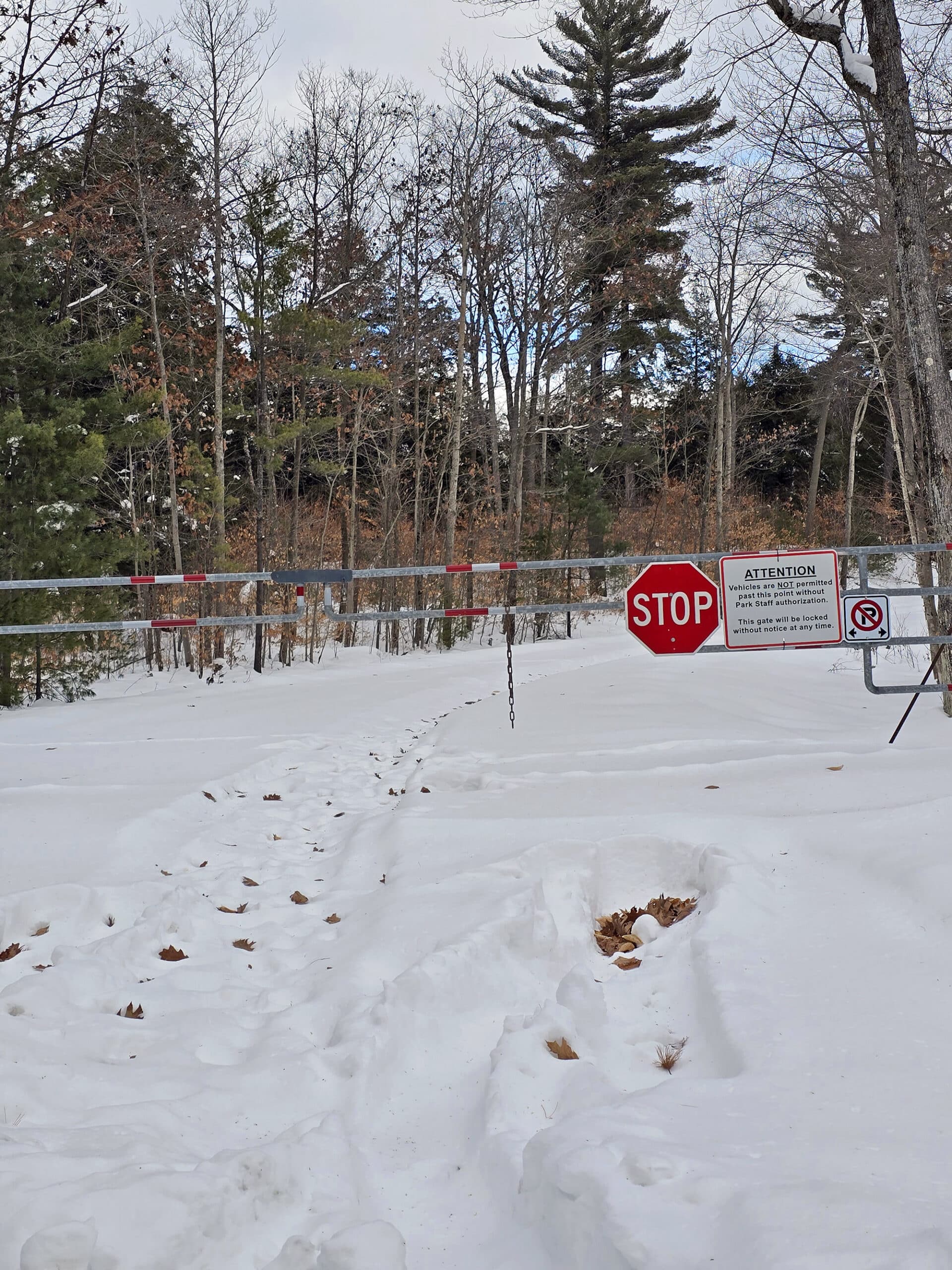 A gated park road in the winter.