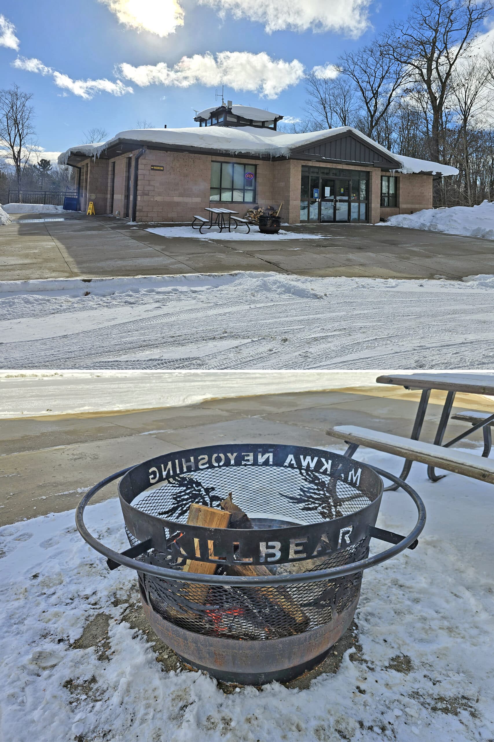 2 part image showing the outside of the Killbear Provincial Park office, and a killbear branded fire pit out front.