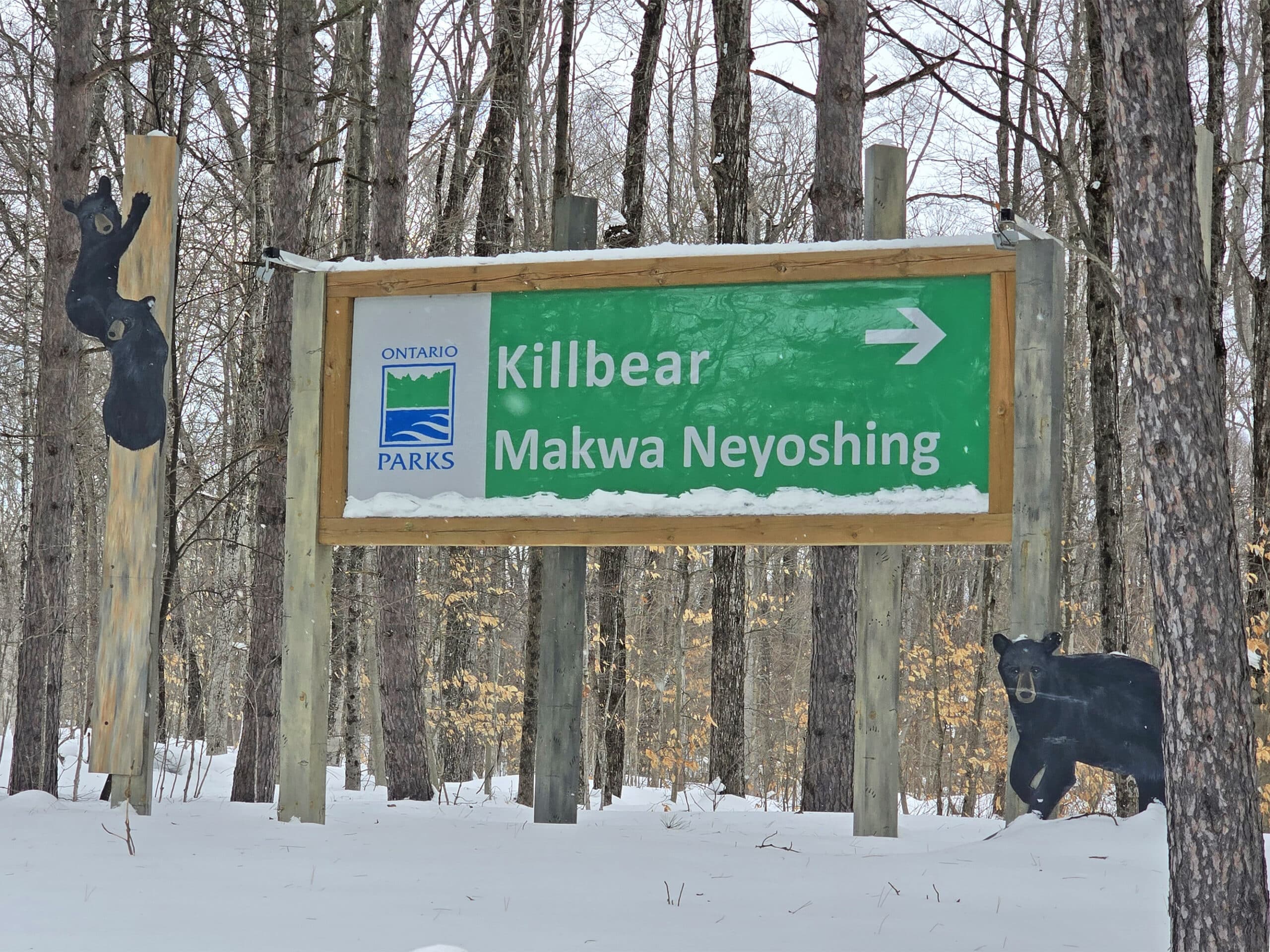 The killbear provincial park sign in winter.