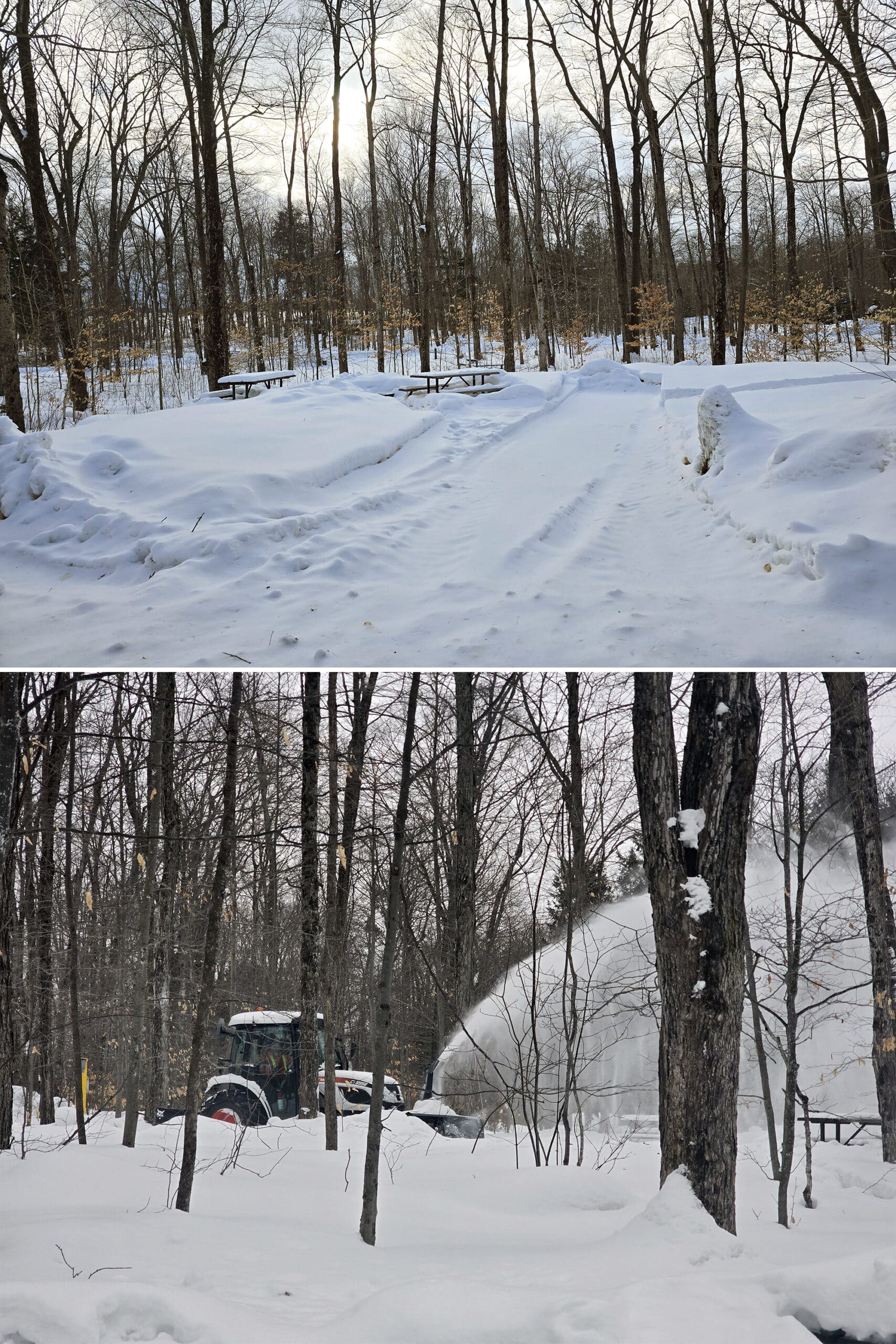 2 part image showing a poorly plowed campsite and a snow plow.