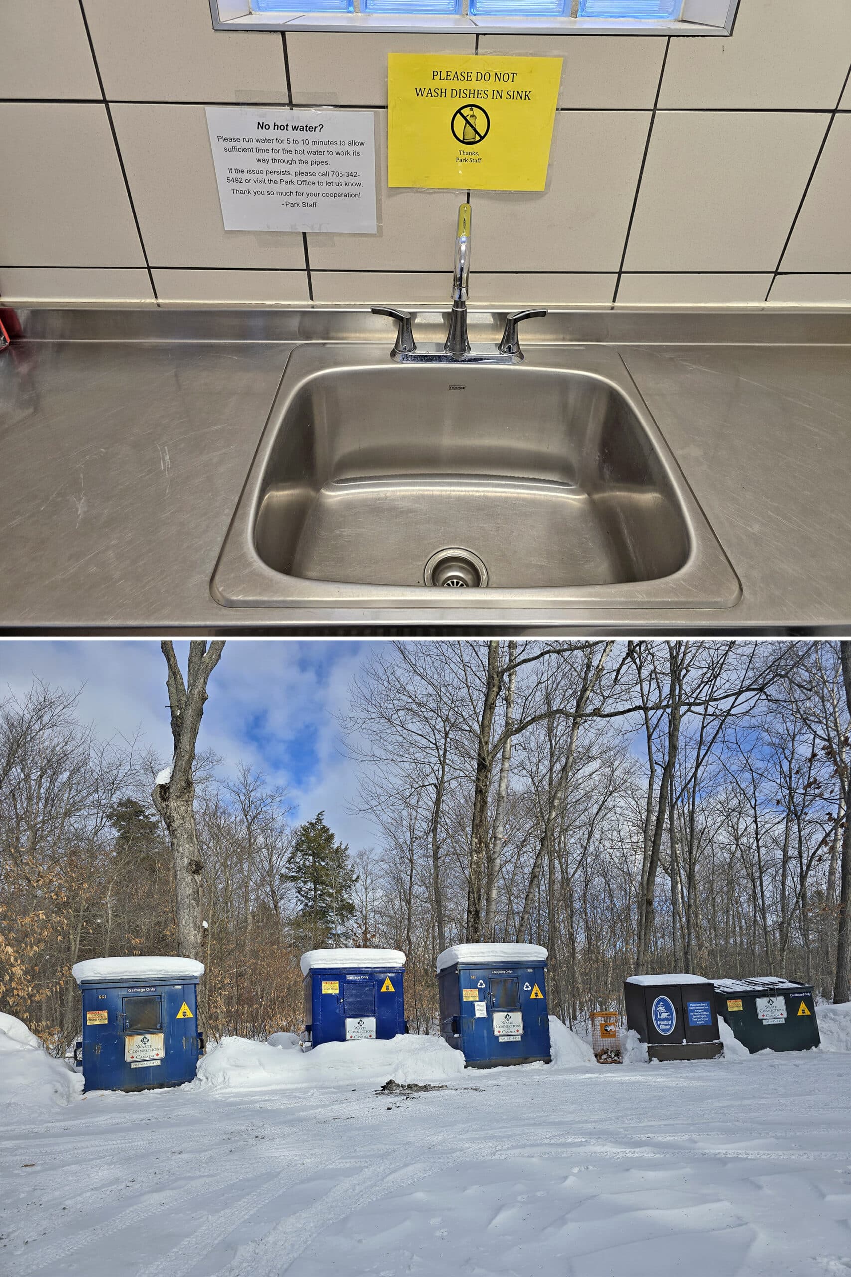 2 part image showing a deep kitchen sink, and an outdoor garbage bin area.