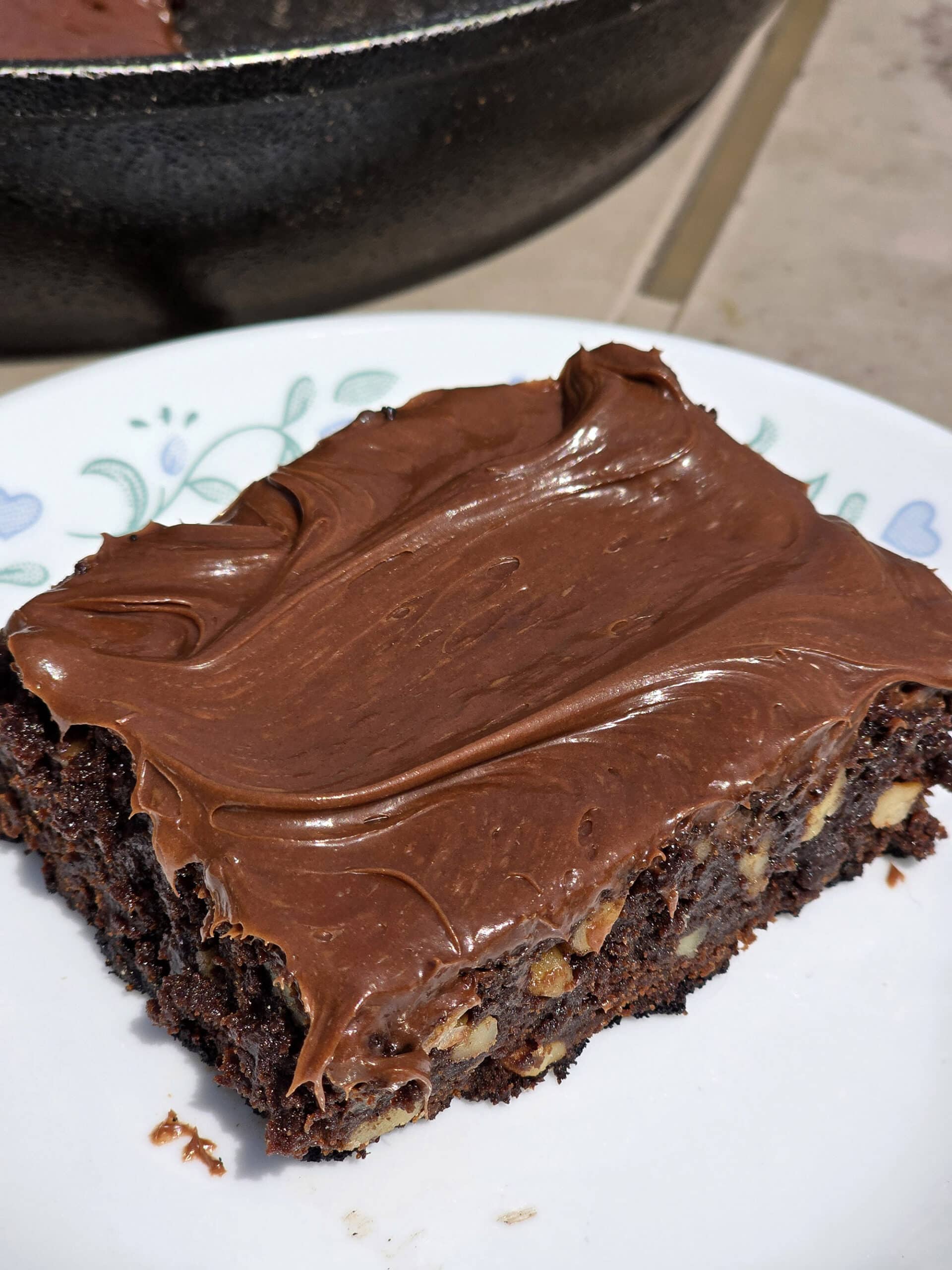A pan of skillet campfire brownies on a picnic table, with a single brownie on a plate in front of it.