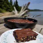 A pan of skillet brownies on a picnic table, with a single brownie on a plate in front of it.