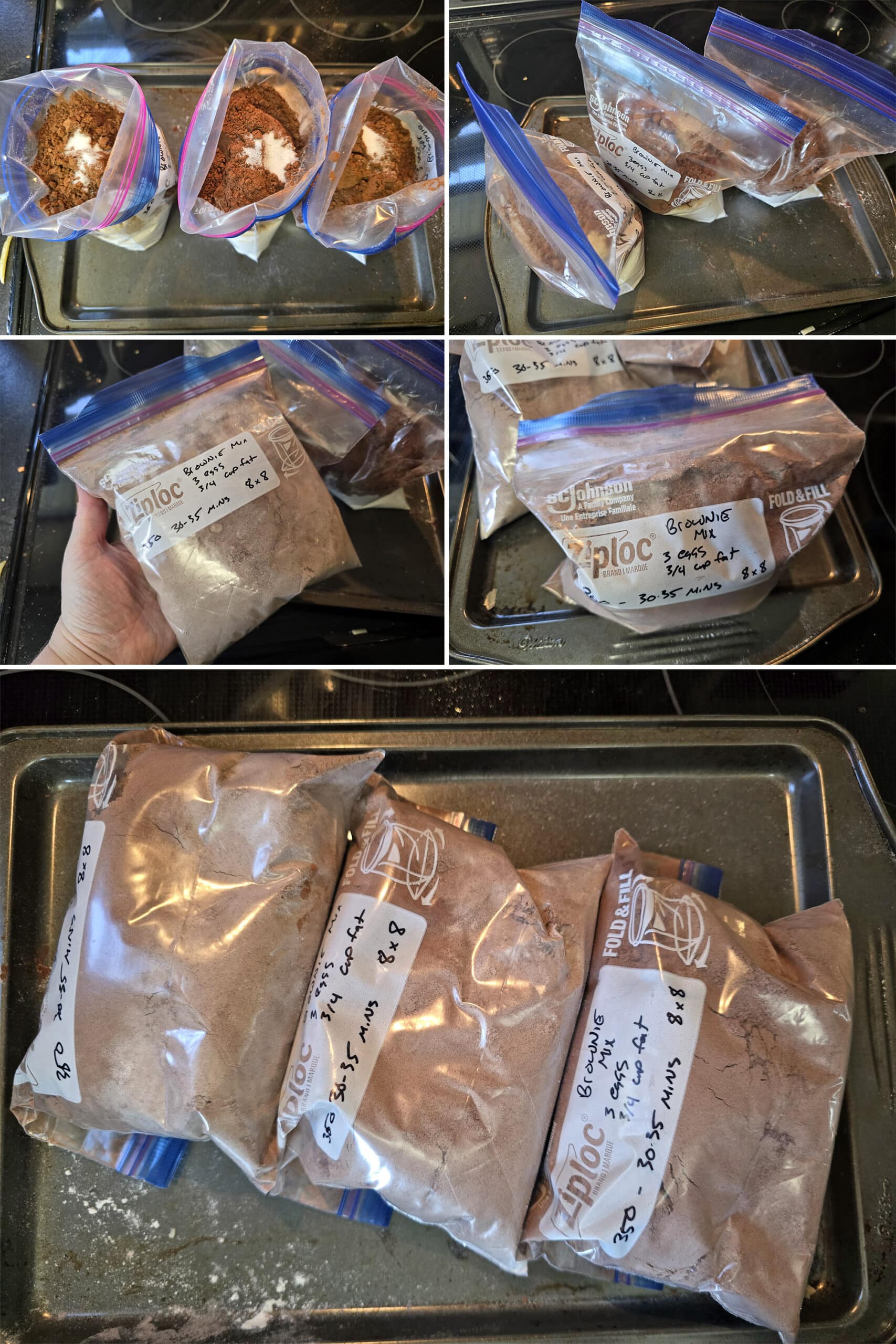 5 part image showing brownie mixes being made in plastic baggies.