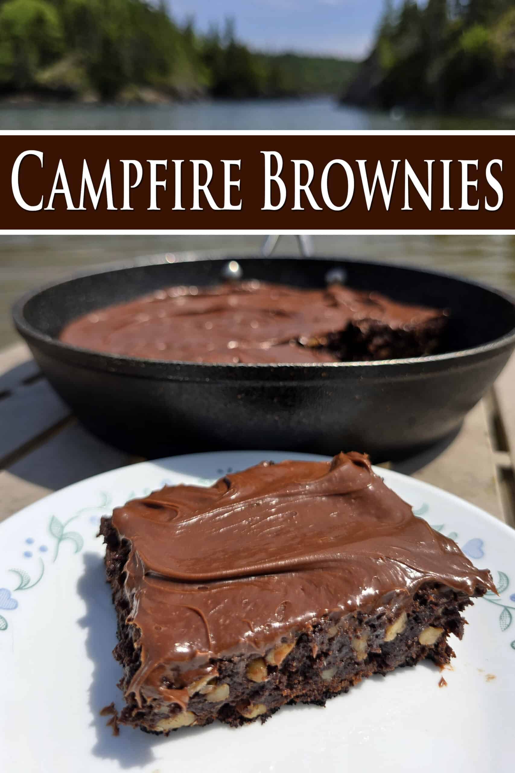 A pan of skillet brownies on a picnic table, with a single brownie on a plate in front of it. Overlaid text says campfire brownies.