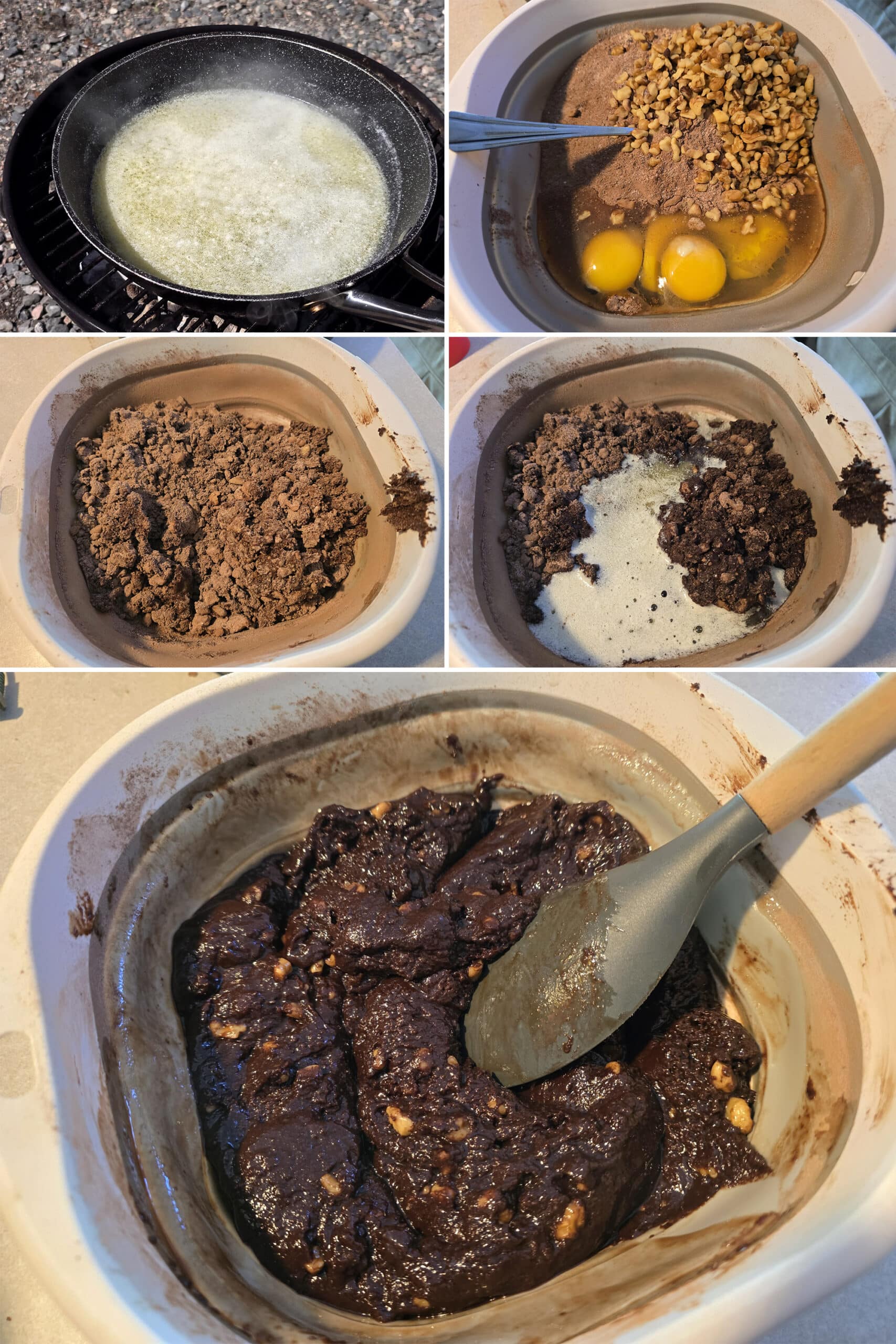 5 part image showing butter being melted in a pan over a grill, then mixed with brownie mix and eggs.